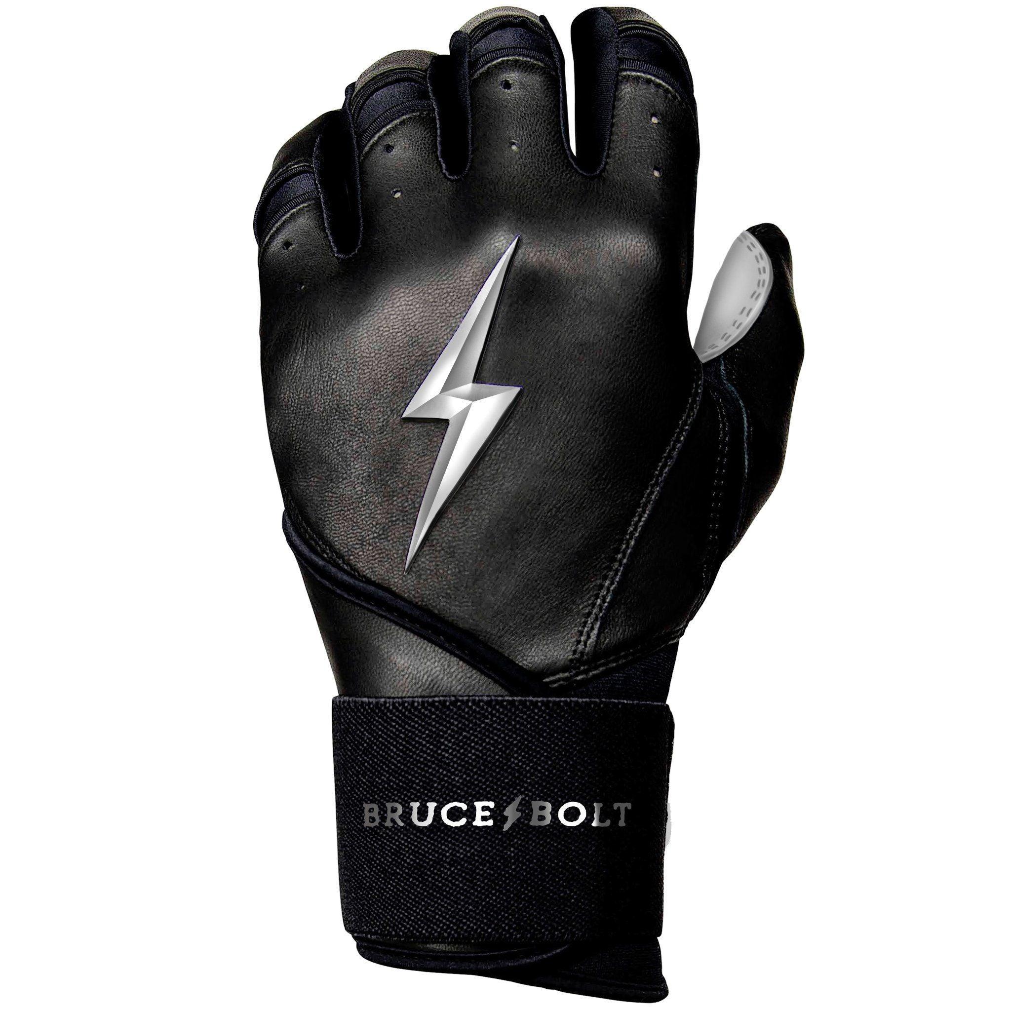 Bruce Bolt PREMIUM PRO Chrome Series Long Cuff Batting Gloves for Baseball & Softball - Black | Durable Grip for Hitting, Training & Games
