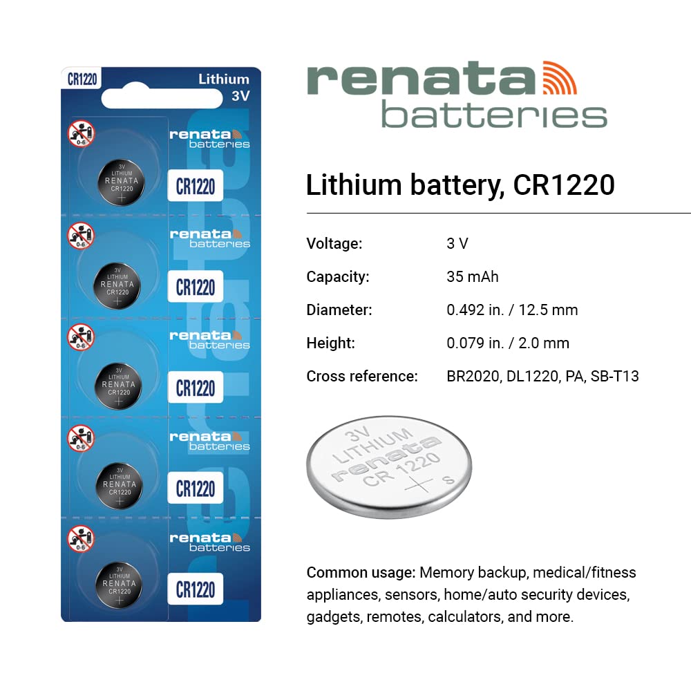 Renata CR1220 3V Lithium Coin Cell Battery (5-Pack) - Long-Lasting Power for Watches, Calculators, Key Fobs & Small Electronics