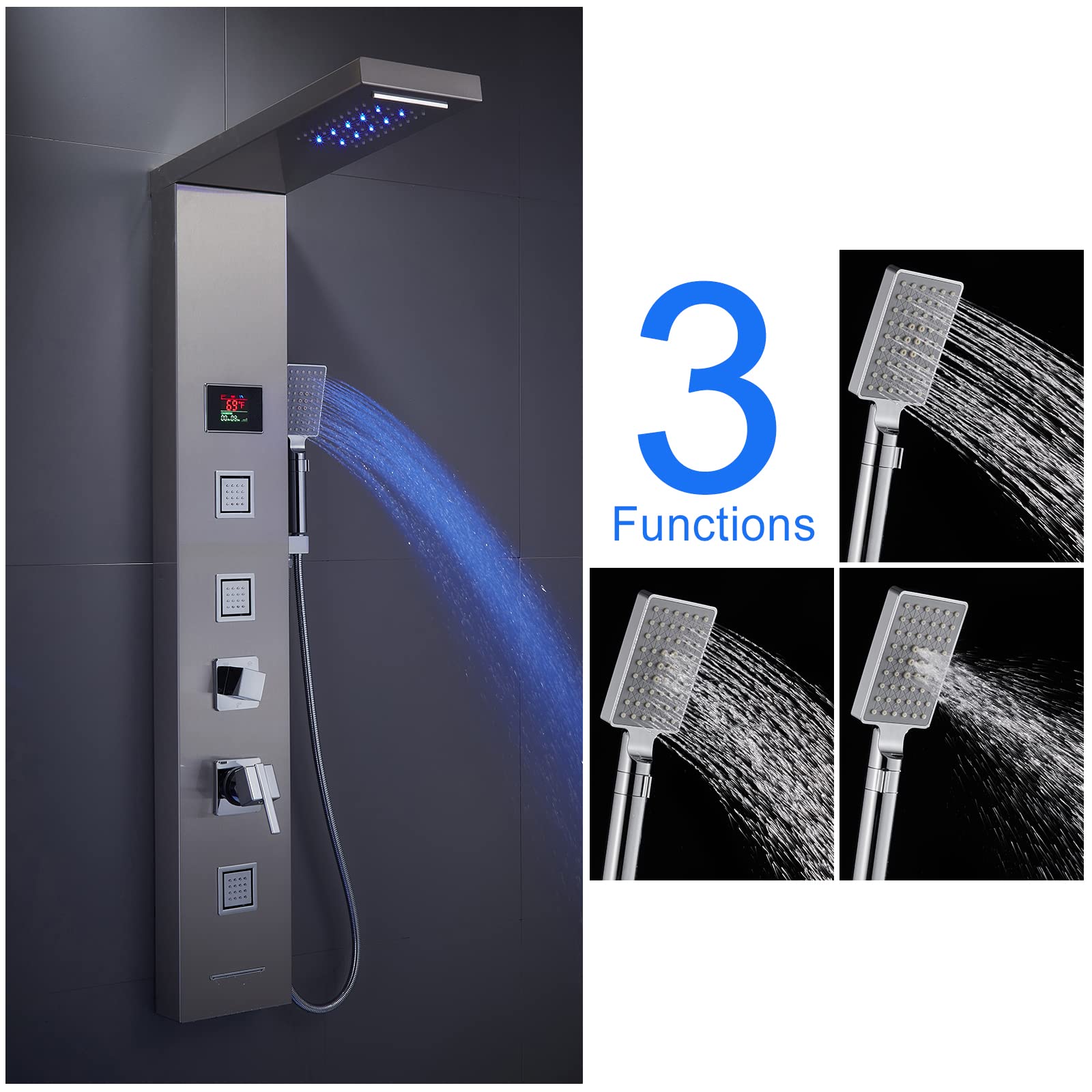 MENATT LED Shower Panel - 5-in-1 Shower Tower System with Rainfall Shower Head, Waterfall Spray, Massage Jets, Tub Spout & Handheld Shower - Brushed Nickel Finish for Luxurious Bathroom Upgrade - Perfect for Modern Homes, Spa-Like Experience & Water Therapy