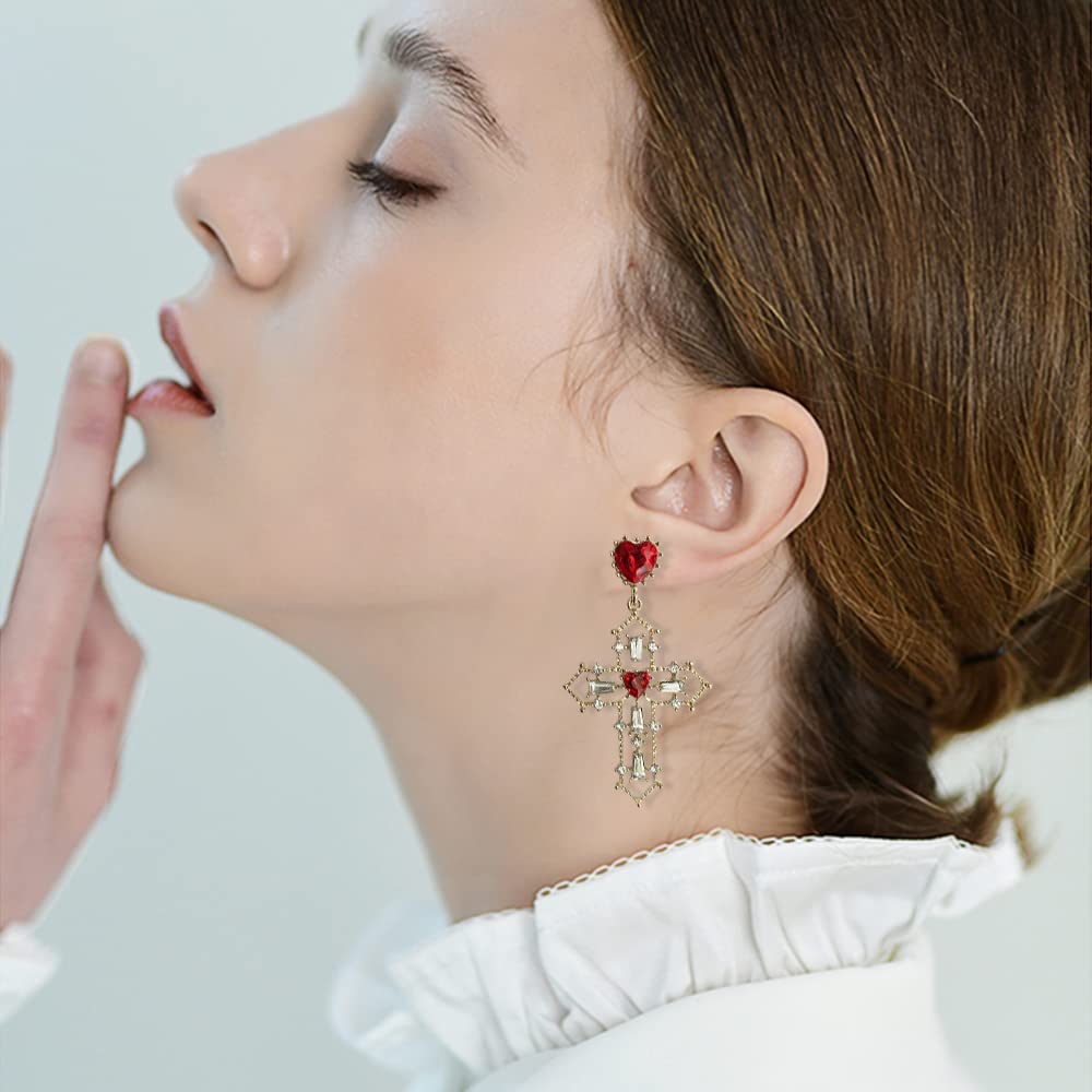 Stylish Gold Cross Red Heart Earrings with Sparkling Crystals - Baroque Hollow Drop Dangle Earrings for Women & Teens - Perfect for Parties, Night Out, and Gift Giving