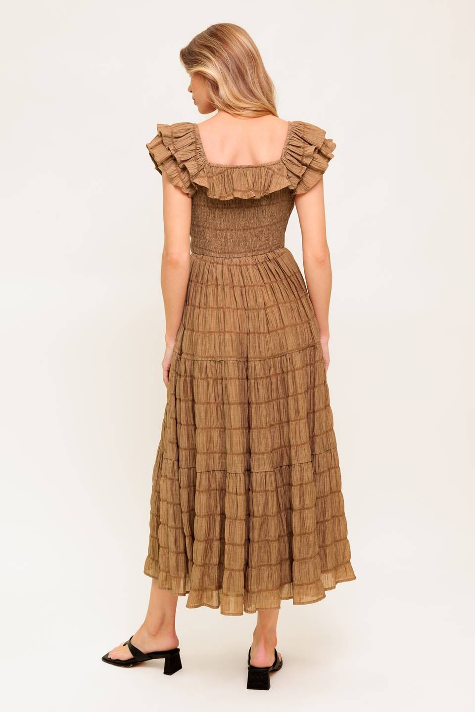 Natural Balance Brown Shirred Midi Dress - Elegant & Comfortable Casual Wear for Women | Perfect for Brunch, Office & Date Nights