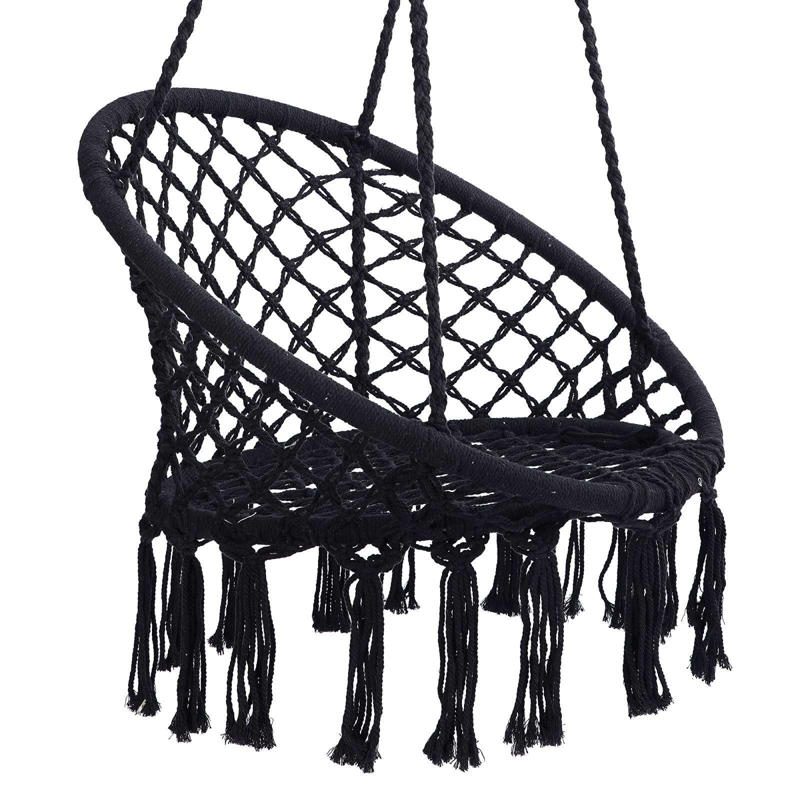Macrame Swing Chair Hammock - 330 Lbs Weight Capacity, Cotton Rope Hanging Chair for Indoor & Outdoor Use - Perfect for Garden, Patio, Living Room, and Nursery Relaxation (Black)