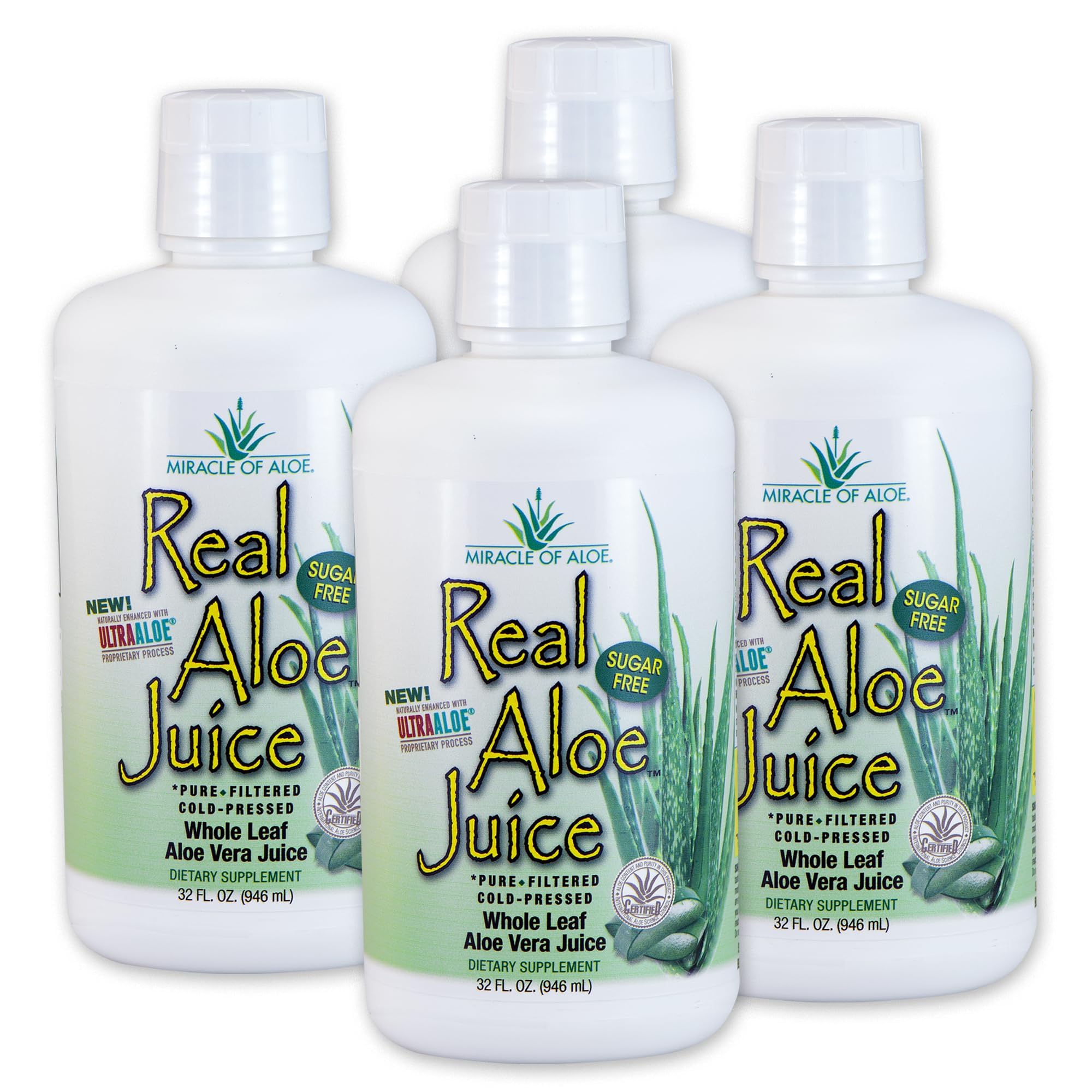 Miracle of Aloe Real Aloe Vera Juice - 4 Pack (1 Qt Each) | 100% Pure Whole Leaf Filtered | Certified for Purity & Content | Perfect for Detox, Skin Care & Digestive Health