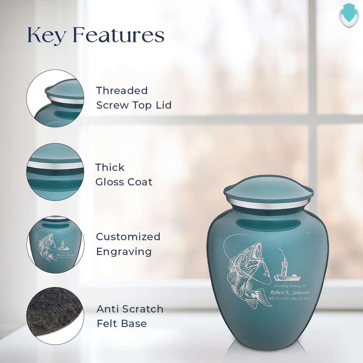 Personalized Fishing Cremation Urn for Human Ashes - Teal Funeral Urn for Men & Women - Holds 44 lbs - Perfect for Memorials, Home Display & Outdoor Scattering Ceremonies