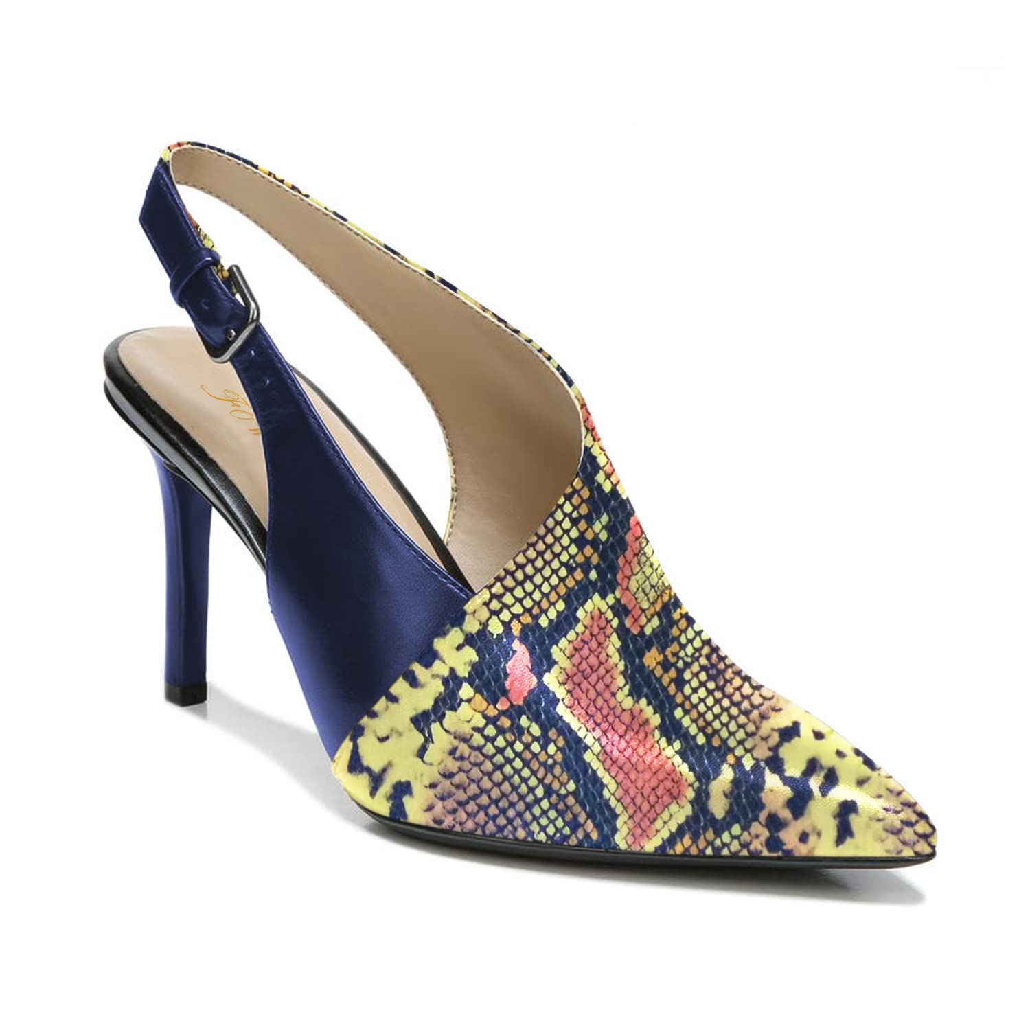 FOWT Women's Spring Two-Tone Patchwork Snakeskin Slingback Pumps - Elegant Pointed Toe 3 Inch Heels with Buckle Strap (Black, US Size 4-16 M) | Perfect for Office, Parties & Casual Everyday Wear