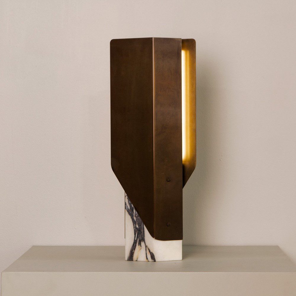 PRE ORDER BEN TOVIM DESIGN Fold Table Lamp - Calacatta Viola Marble with Bronze Patina Finish | Modern Home Office & Bedside Lighting Decor