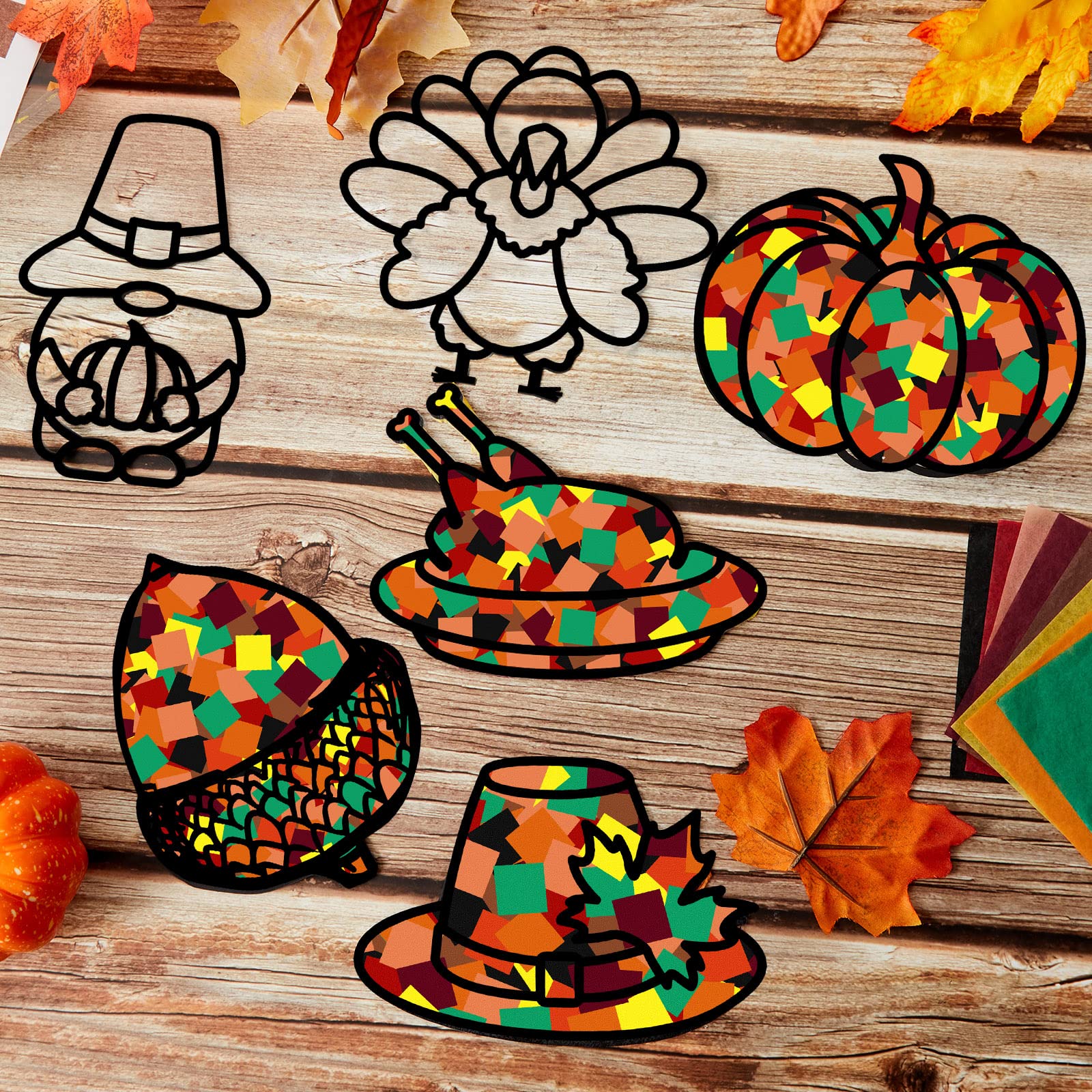 Gueevin 18 Sets Thanksgiving Stained Glass Suncatcher Kit - DIY Window Art Crafts with Tissue Paper & Glue Sticks for Kids, Classroom Decor, Holiday Home Decoration | Perfect for Thanksgiving Activities, Children's Art Projects & Seasonal Window Displays