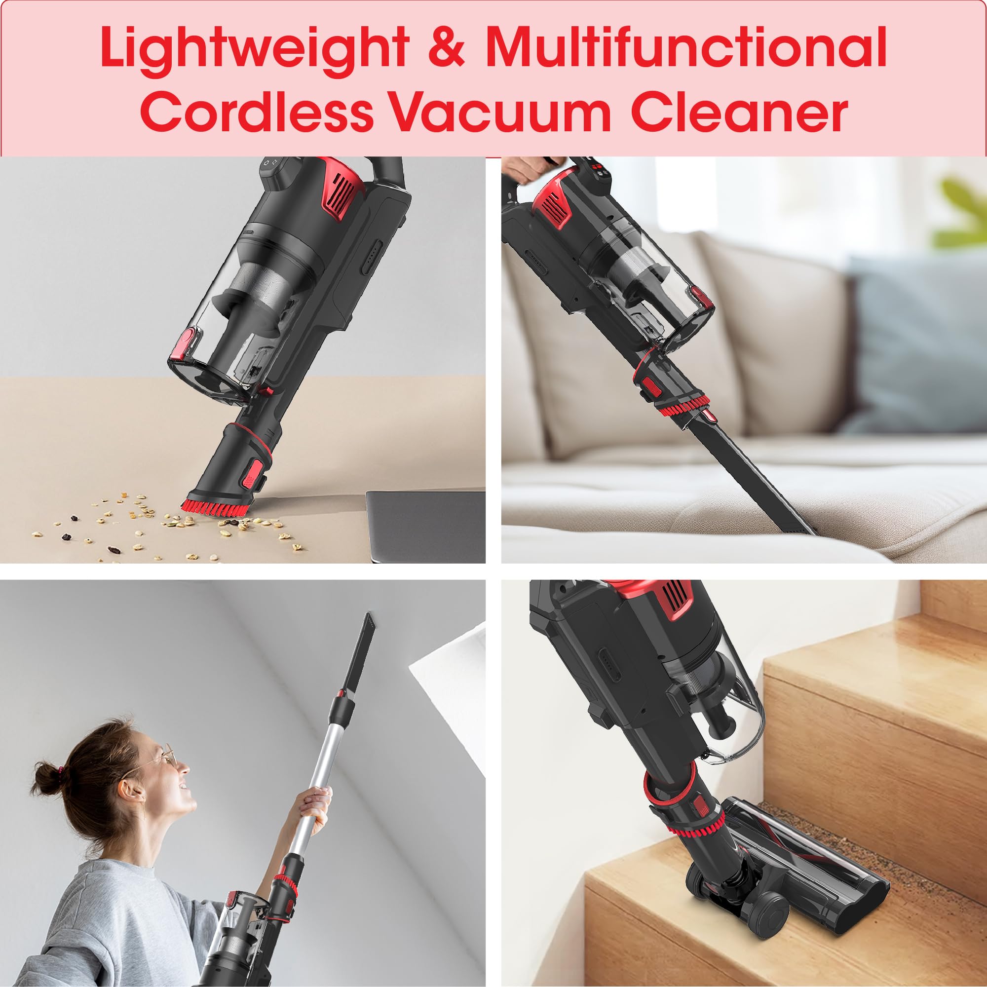 Powerful Cordless Stick Vacuum Cleaner with Brushless Motor, 2500mAh Detachable Battery, 45 Min Runtime & LED Display - Lightweight for Pet Hair, Hardwood Floors & Carpets - Ideal for Home Cleaning (Red)