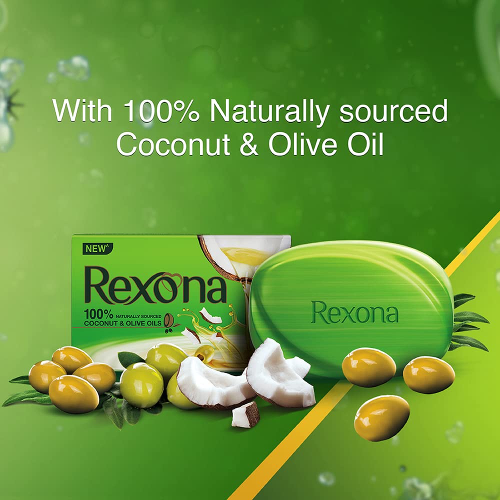 Rexona Coconut & Olive Oil Soap Bar for Soft Smooth Skin - 4 Pack (100g Each) | Moisturizing Body Wash for Dry Skin, Daily Shower & Bath Essential