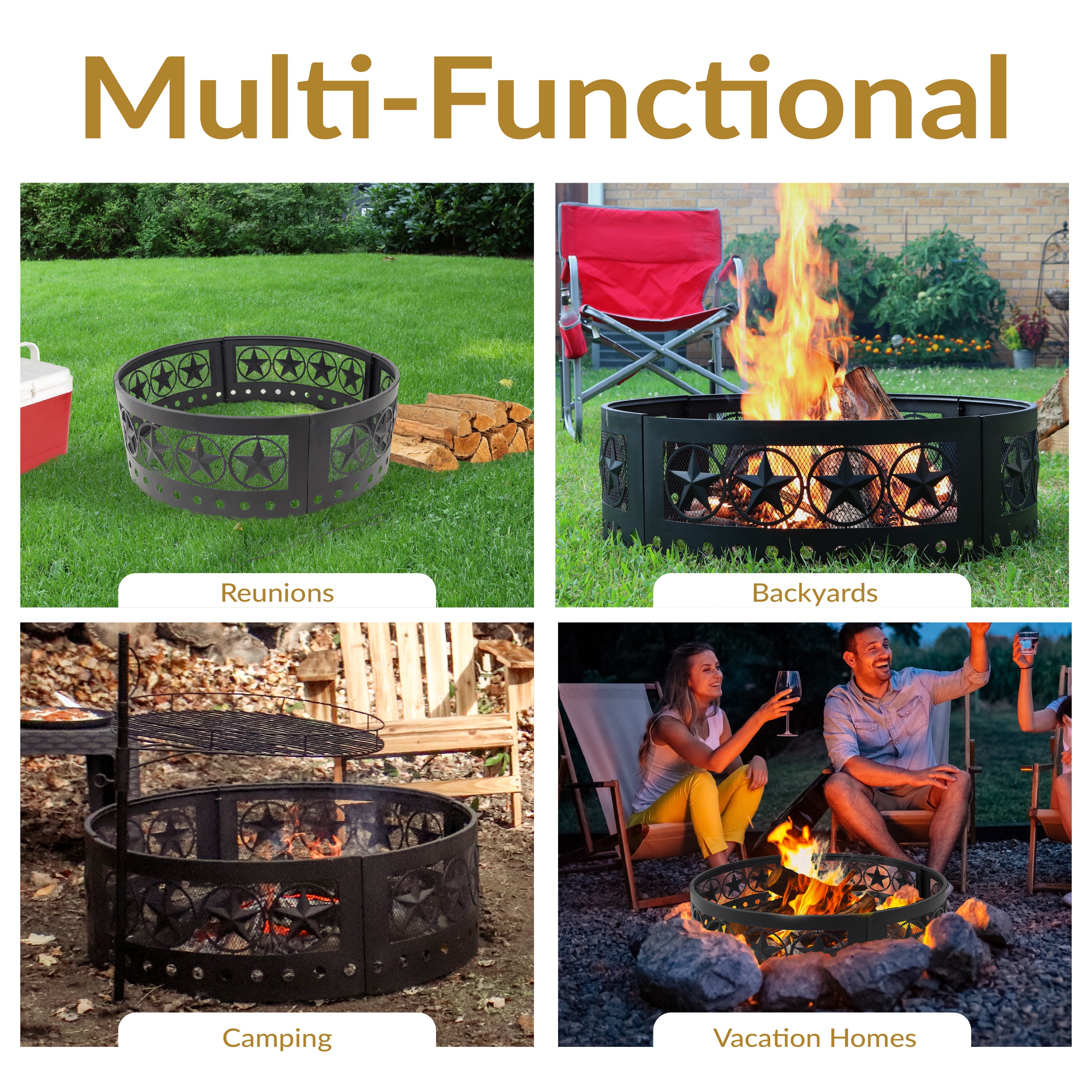 Heavy Duty 36-Inch Four Star Campfire Ring by Sunnydaze - Perfect for Backyard Bonfires, Camping & Outdoor Gatherings