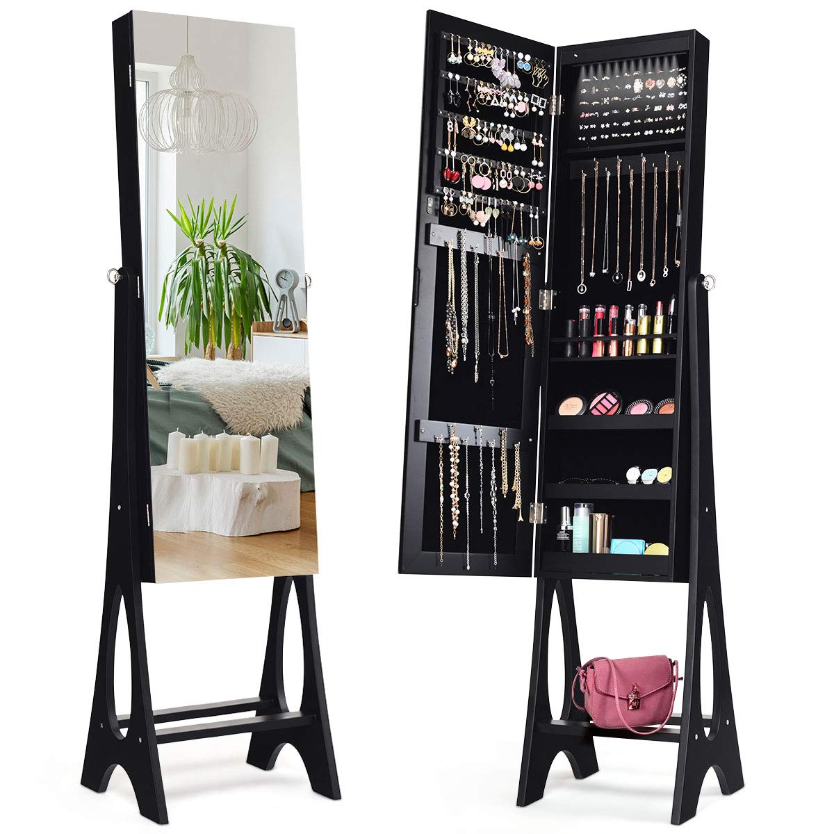 Giantex 12 LED Jewelry Armoire Cabinet with Frameless Full-length Mirror - Standing Jewelry Organizer with 16 Lipstick Holders, Large Storage Capacity & 3 Adjustable Angles (Black) | Perfect for Bedroom, Closet & Dressing Room Organization