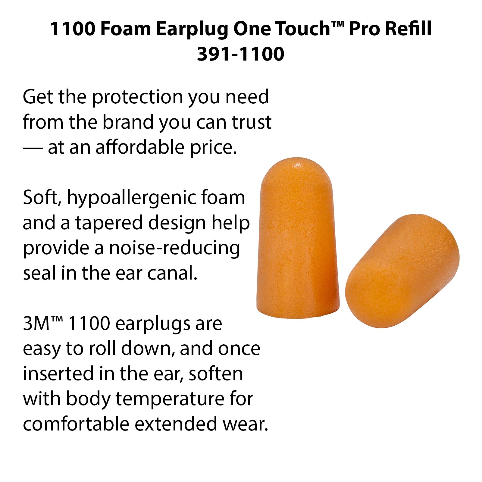 3M One Touch 1100 Earplugs Refill 391-1100 (500 Pack) - Noise Reduction for Sleeping, Studying, Travel & Work - Comfortable Disposable Ear Plugs for Noise Cancellation