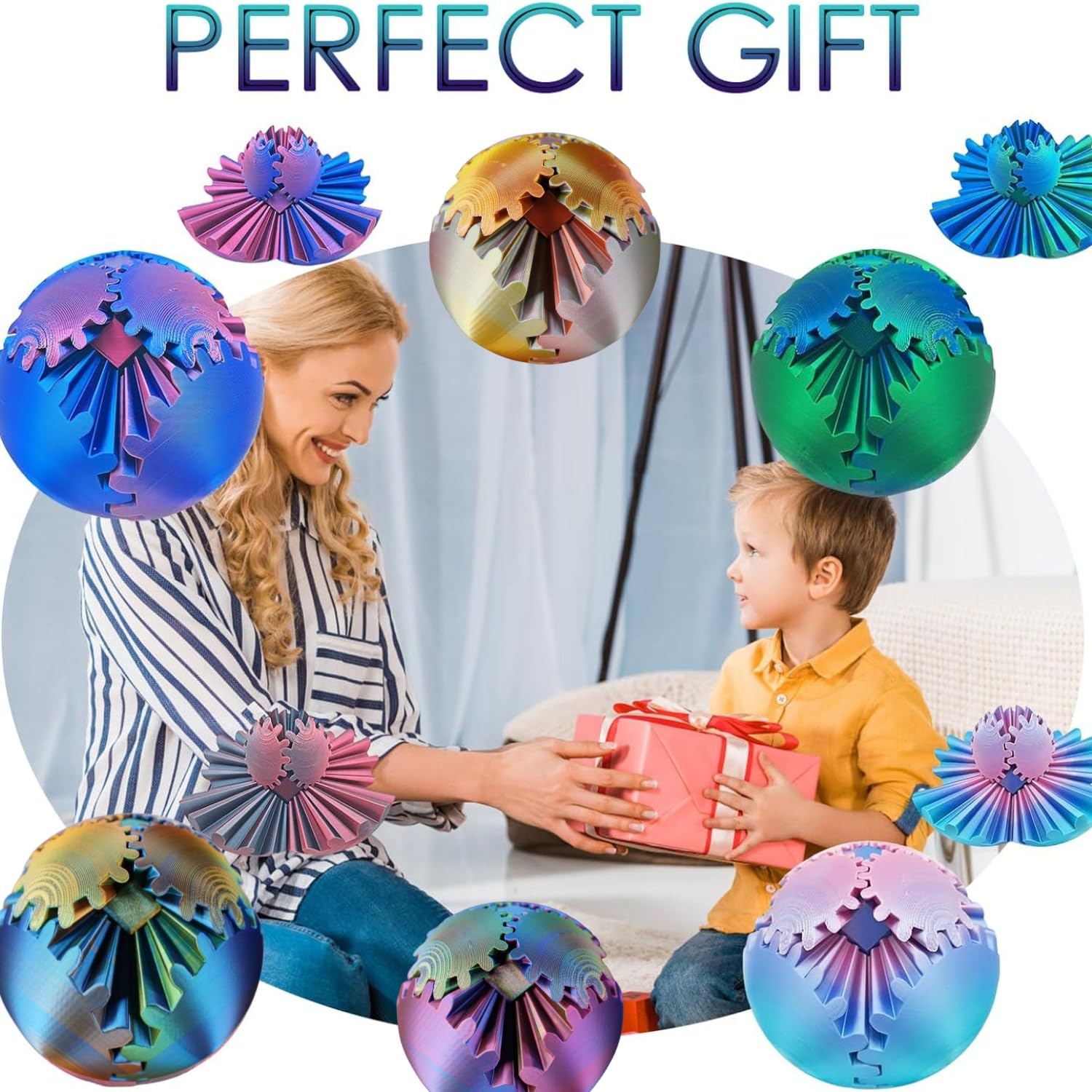 4.2in 3D Printed Gear Ball Fidget Toy - Stress Relief & Anxiety Relaxation Desk Toy for Adults & Kids (Laser Green Blue) | Perfect for Office, Classroom, Travel & ADHD Focus Aid