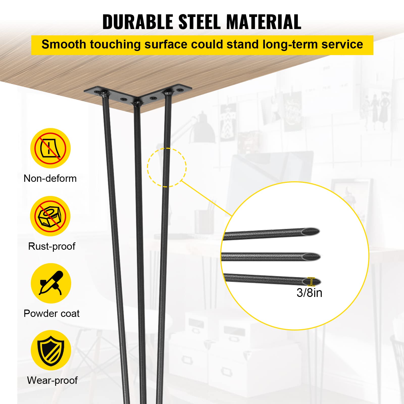 VEVOR Hairpin Table Legs 30 Inch Black Set of 4 - Heavy Duty 880lbs Load Capacity (220lbs Each) - 3 Rod Carbon Steel Desk Legs for DIY Furniture, Dining Tables, Benches & Chairs - Perfect for Home Office, Restaurant & Industrial Use