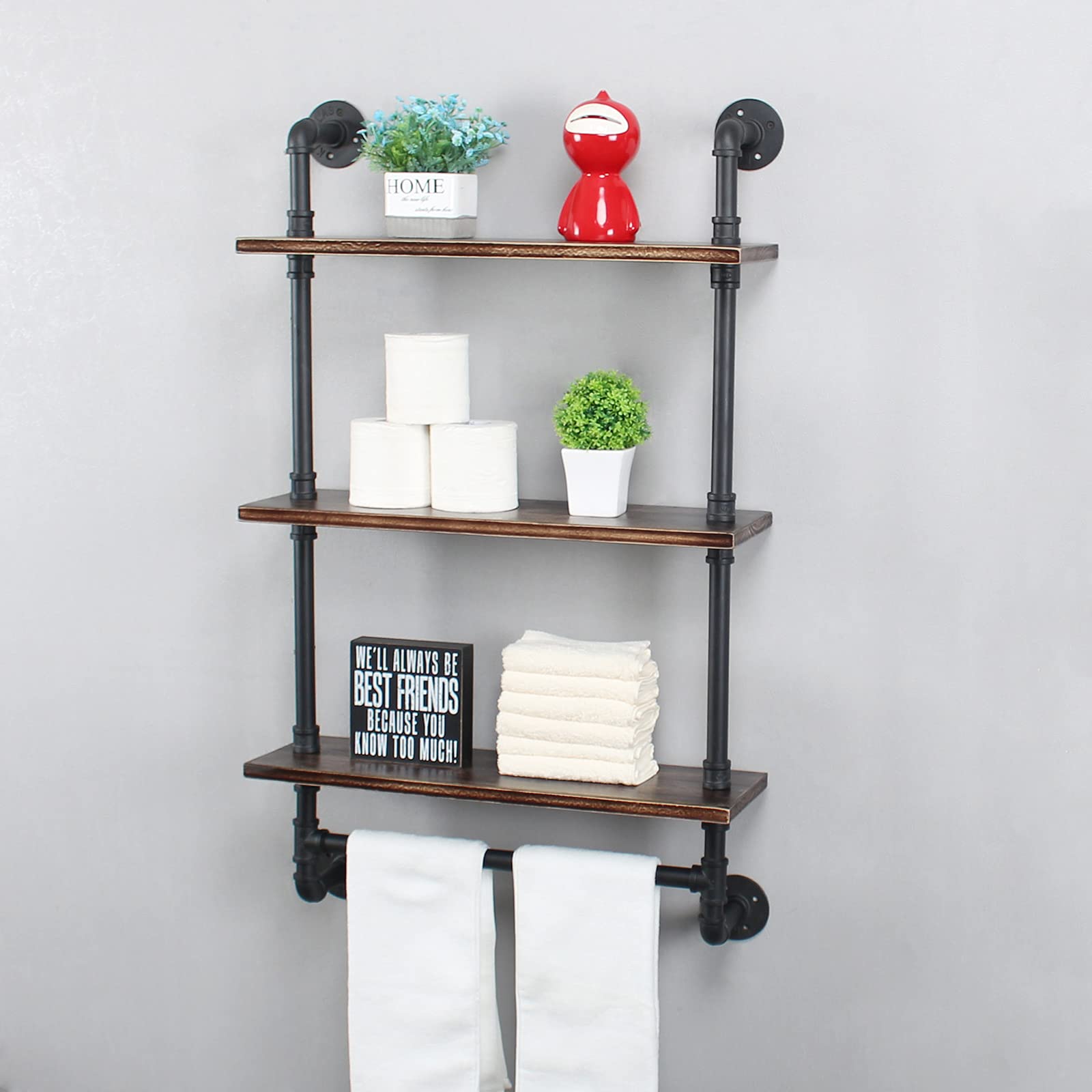 Industrial Pipe Shelving - 24in Rustic Metal Pipe Floating Shelves with Towel Bar | 3-Tier Wall Mounted Iron Pipe Shelves for Bathroom & Living Room | Retro Black Industrial Shelf for Storage & Home Decor