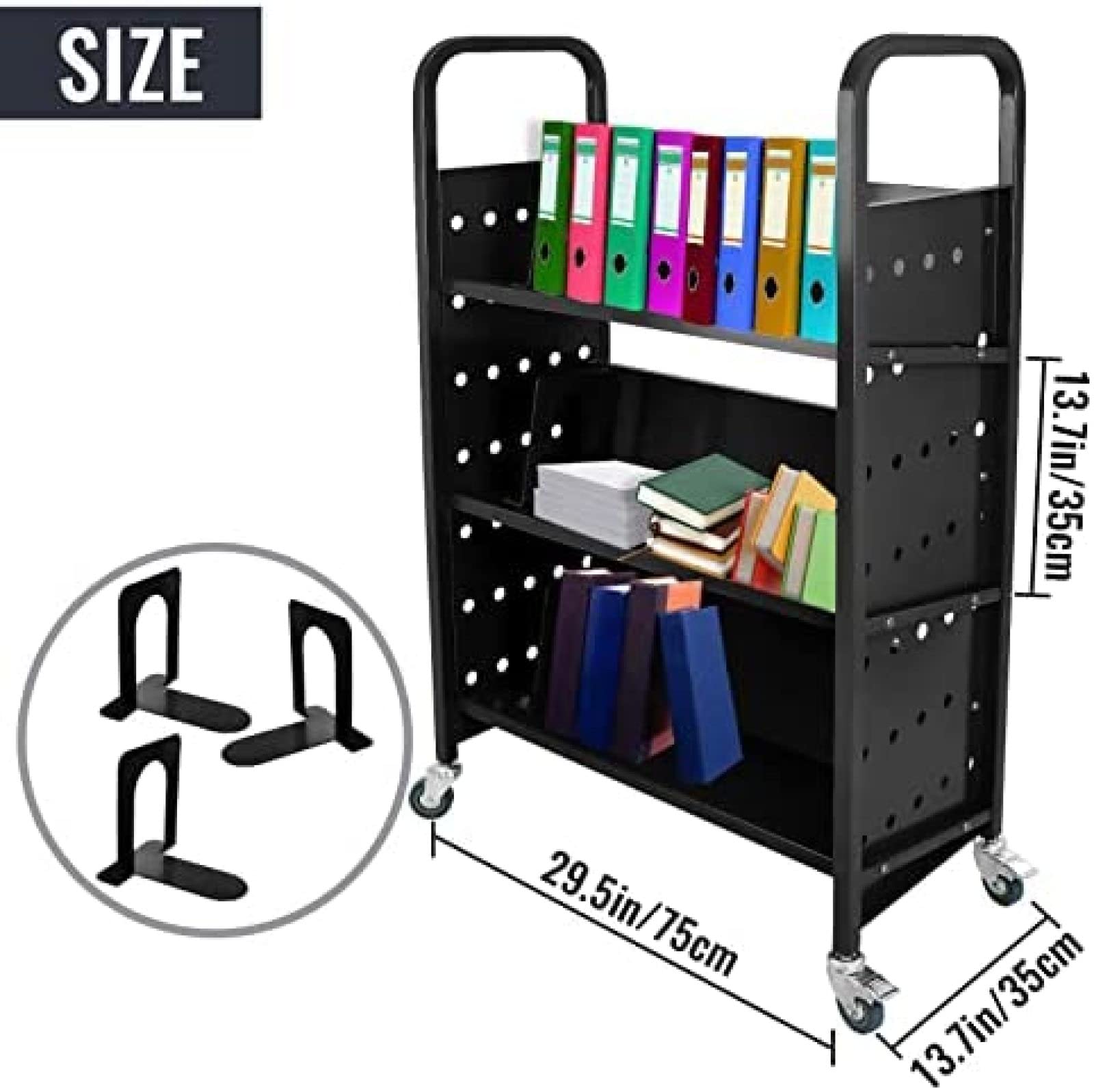 200 LBS Heavy Duty Library Book Cart - Single Sided L-Shaped & V-Shaped Rolling Book Truck with 4 Lockable Wheels for Home, Office, School - Perfect for Book Storage, Classroom Organization & Library Management