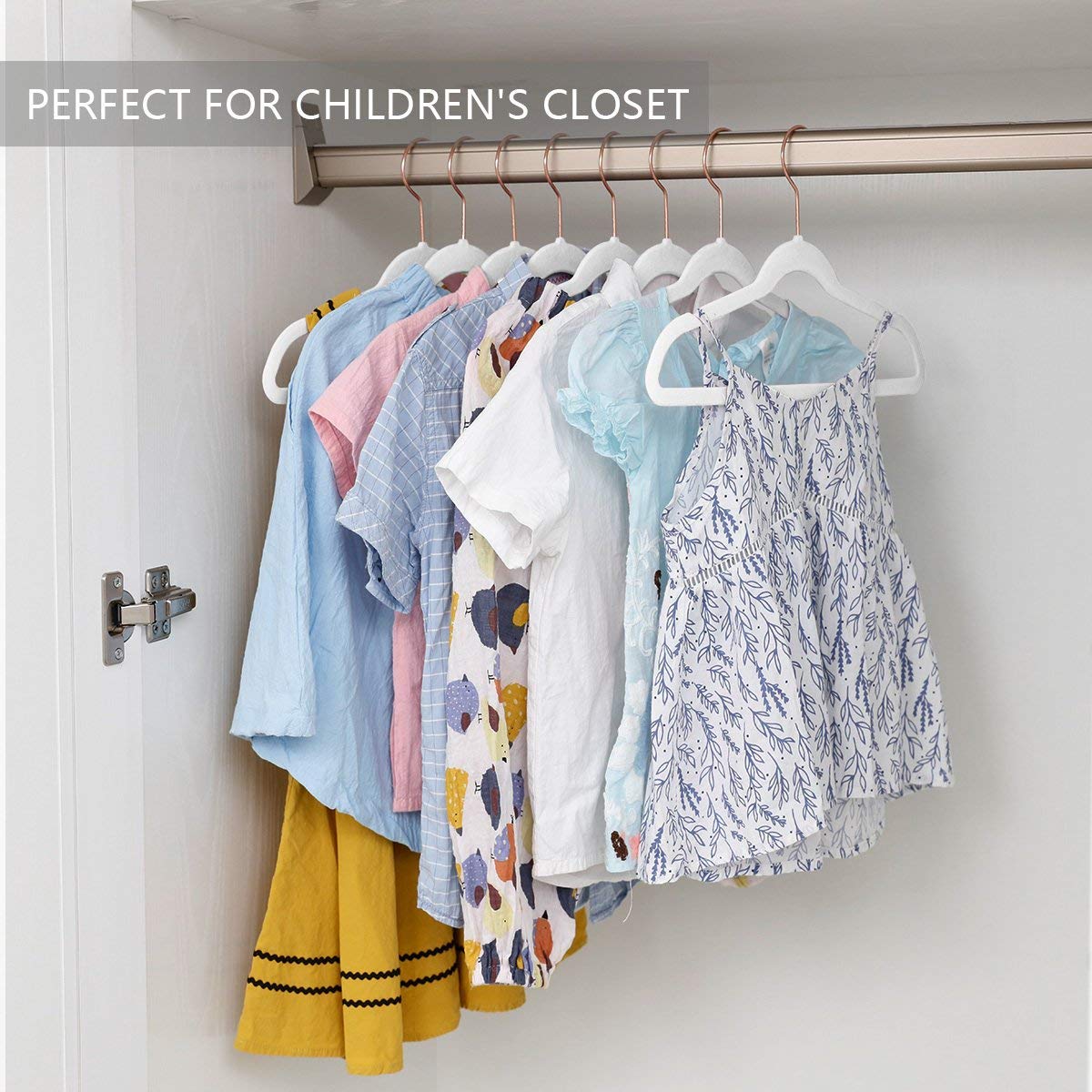MIZGI Premium Kids Velvet Hangers - 50 Pack (14 Inch) with Rose Gold Hooks, Space-Saving Non-Slip Closet Hangers for Children's Clothes, Dresses, Skirts & Pants - Perfect for Organizing Kids' Wardrobes & Small Closets
