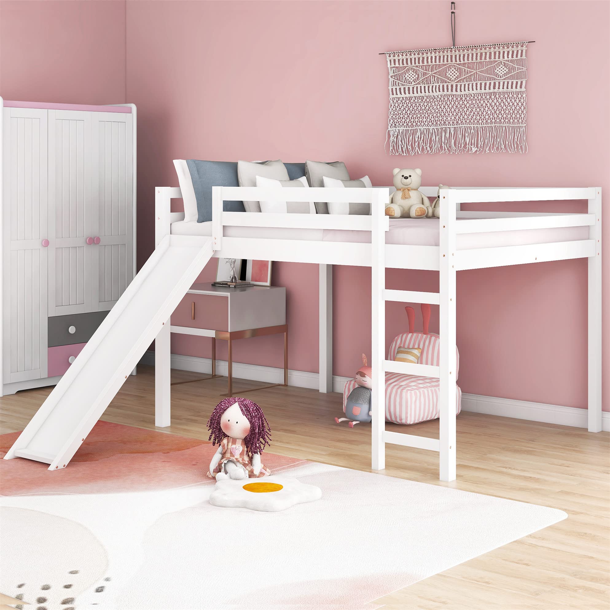 Harper & Bright Designs Solid Wood Full Loft Bed with Slide for Kids - Sturdy Wooden Bunk Bed Frame for Boys & Girls in White | Perfect for Small Bedrooms, Playrooms & Kids' Dorm Rooms