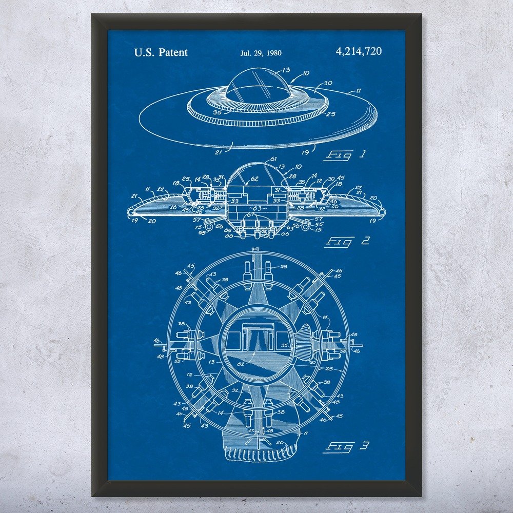 Vintage UFO Blueprint Framed Art Print - 11x14 Inch Sci-Fi Wall Decor, Alien Spacecraft Design, Perfect Geek Gift for Area 51 & Space Enthusiasts | Home Office, Man Cave, or Gift for Nerds