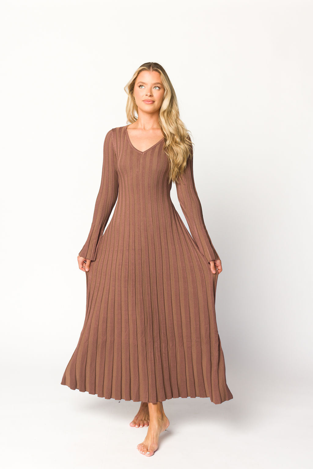 Hadley Long Sleeve V Neck Knit Maxi Dress in Cocoa - Women's Elegant Casual Maxi Dress for Fall & Winter | Perfect for Office, Date Night & Holiday Parties