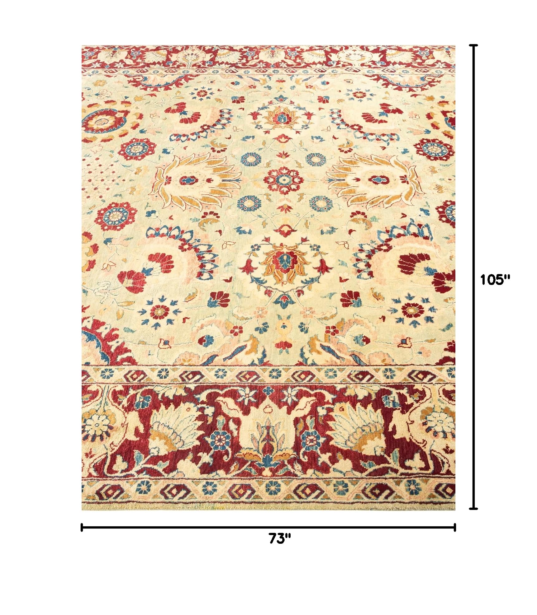 Handmade Wool Traditional Oriental Mogul Green 6x9 Area Rug - One of a Kind Hand Knotted Solo Rugs for Living Room, Bedroom & Home Decor