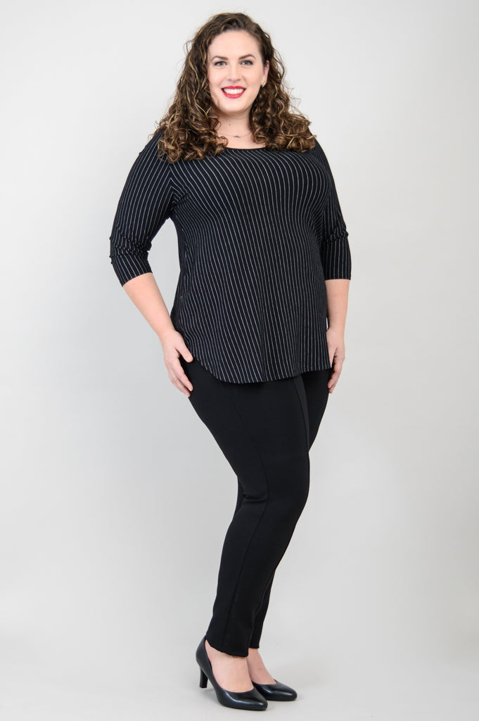 Jazz 3/4 Sleeve Top - Black & White Pin Stripe Bamboo Fabric Women's Blouse for Casual Wear & Office Outfits