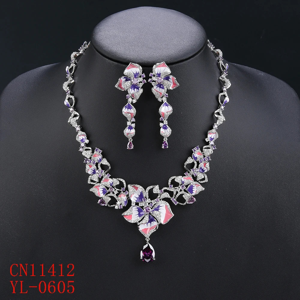 Shiny Cubic Zirconia Leaf Necklace and Earrings Set - Elegant 2 Piece Jewelry for Women, Party & Evening Wear, Gift for Her - CN11412