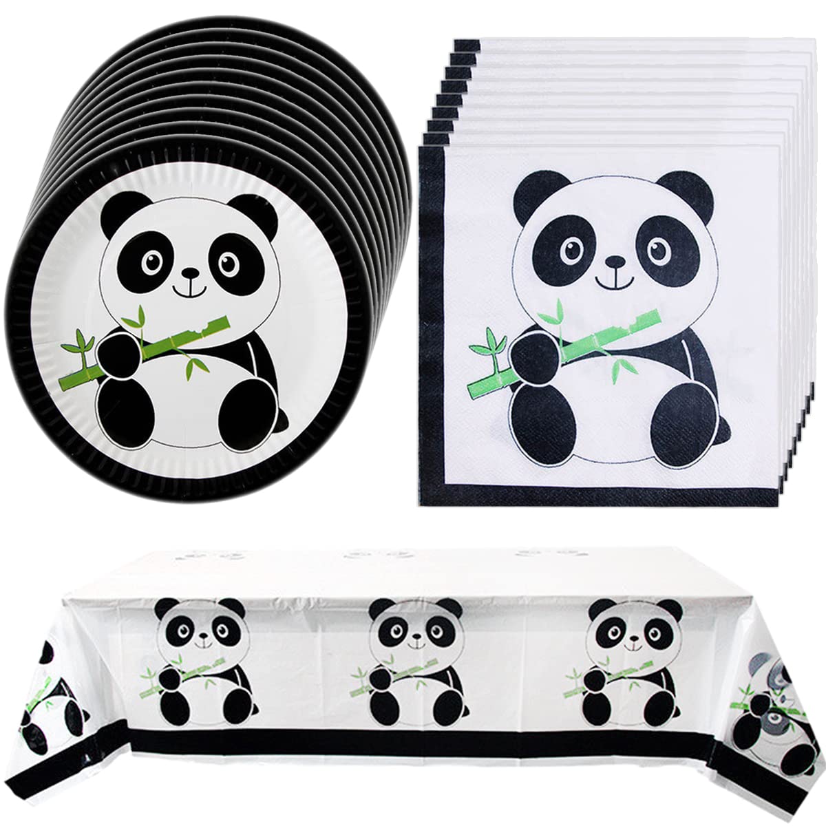 Panda Themed Party Supplies Set - 20 Plates, 20 Napkins & 1 Tablecloth for Birthday, Baby Shower & Kids Celebration Decorations