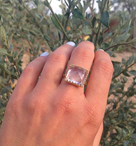 Clear Quartz Ring - April Birthstone Jewelry - Square Crown Gold Ring - Genuine Gemstone Promise Ring - Vintage Style Wedding Band for Women - Perfect for Anniversary Gifts & Everyday Elegance