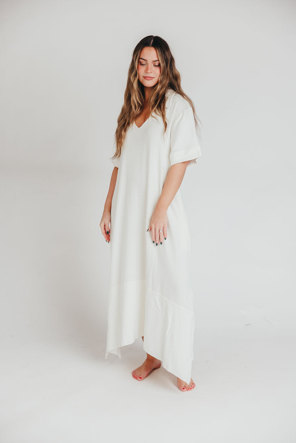 Fallon Linen Blend Collared Midi Dress in Ivory - Bump Friendly Maternity Dress for Women | Perfect for Summer Weddings, Baby Showers & Casual Outings