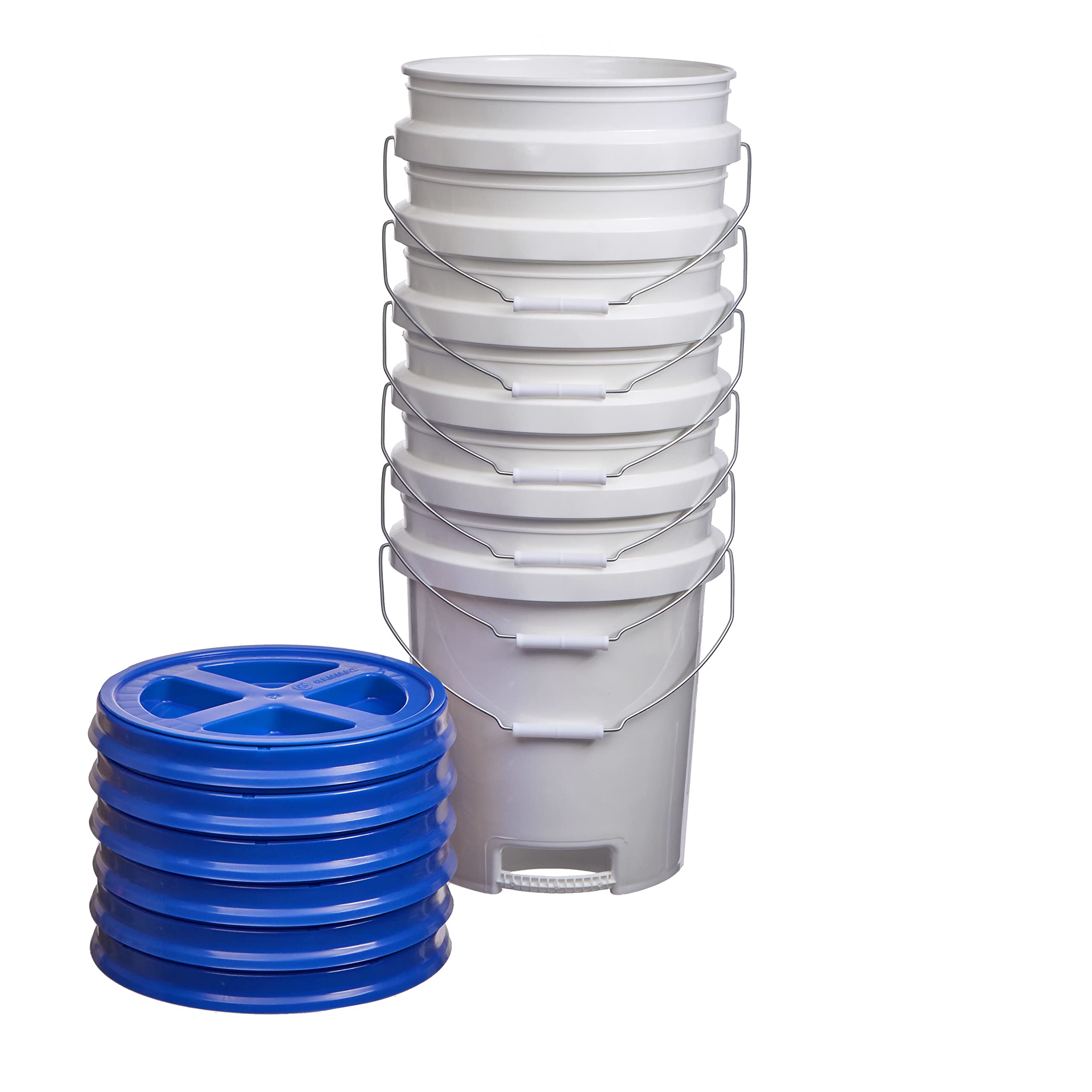 5 Gallon White Food Grade Buckets with Handle & Gamma Seal Lids - BPA Free HDPE Storage Pails for Kitchen, Restaurant & Bulk Food Storage - Durable Made in USA Containers (6 Pack, Blue Lids) - Perfect for Home Brewing, Pickling & Commercial Use