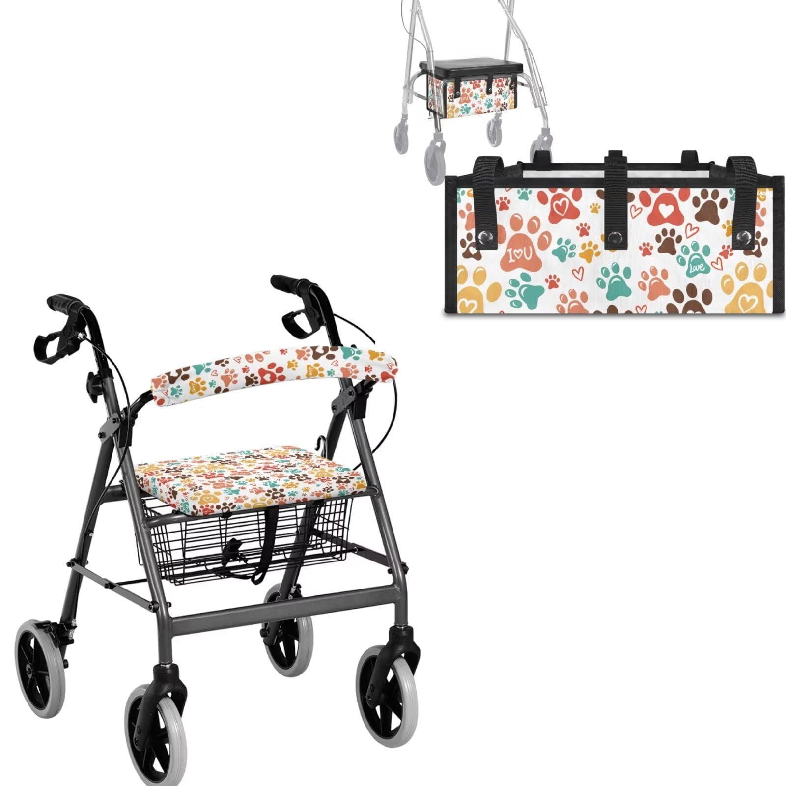 **Dog Paw Print Rollator Walker Seat Cover with Backrest - Comfortable & Washable Seat Protector for Seniors - Rollator Walker Accessories for Elderly Mobility & Decor**    *(Perfect for Home, Outdoors, or Travel - Adds Style & Protection to Your Rollator Walker!)*