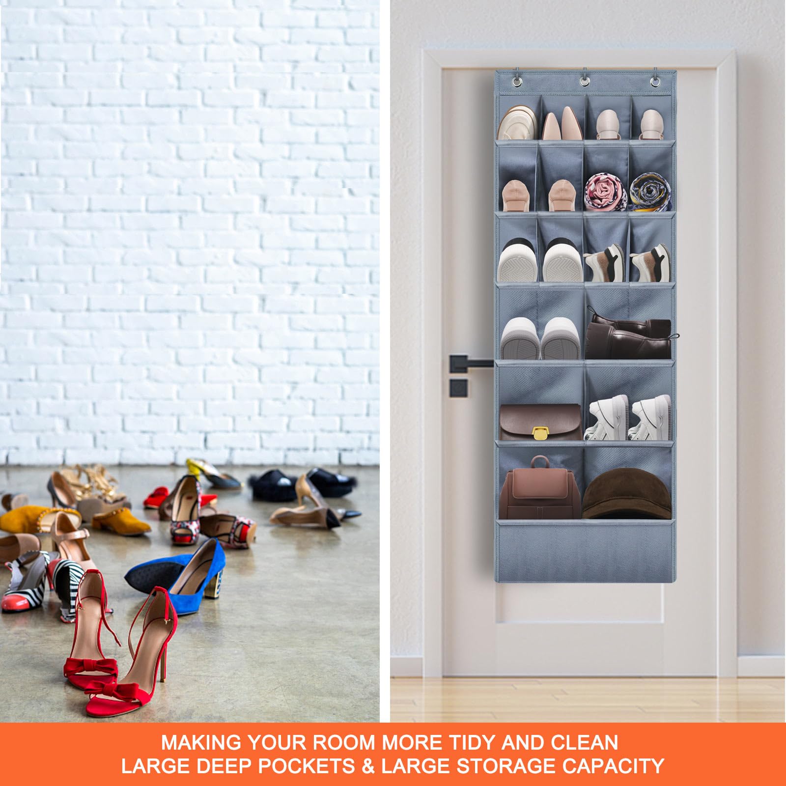 Over the Door Shoe Organizer - 17 Pocket Hanging Shoe Rack with Large Pockets, Space Saving Grey Closet Storage - Perfect for Bedroom, Closet, Entryway & Small Space Organization