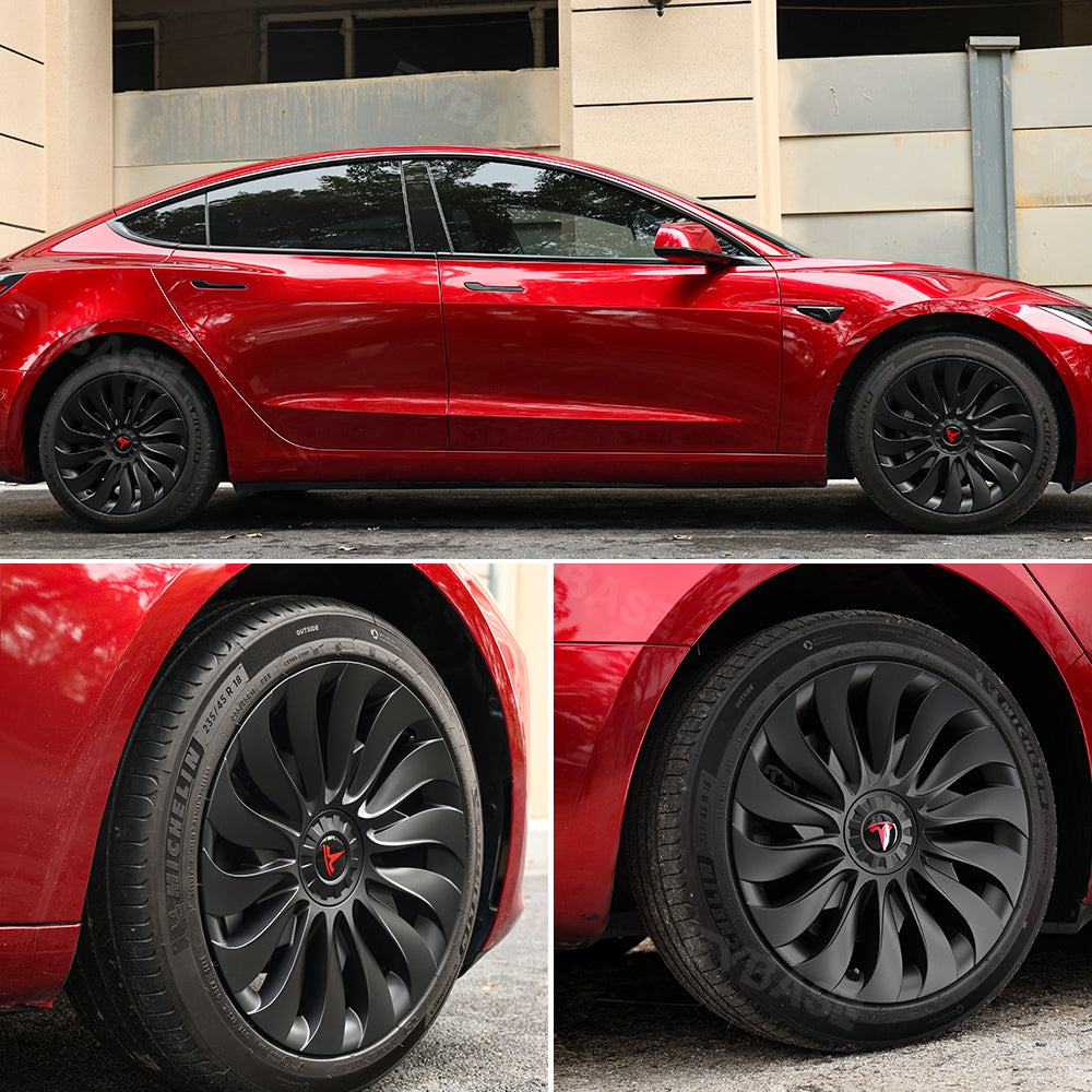 EVBASE Model 3 18-Inch Überturbine Wheel Covers for Tesla 3 - 4PCS Matte Black Wheel Cap Kit - Enhance Style & Protection for Daily Driving & Car Shows