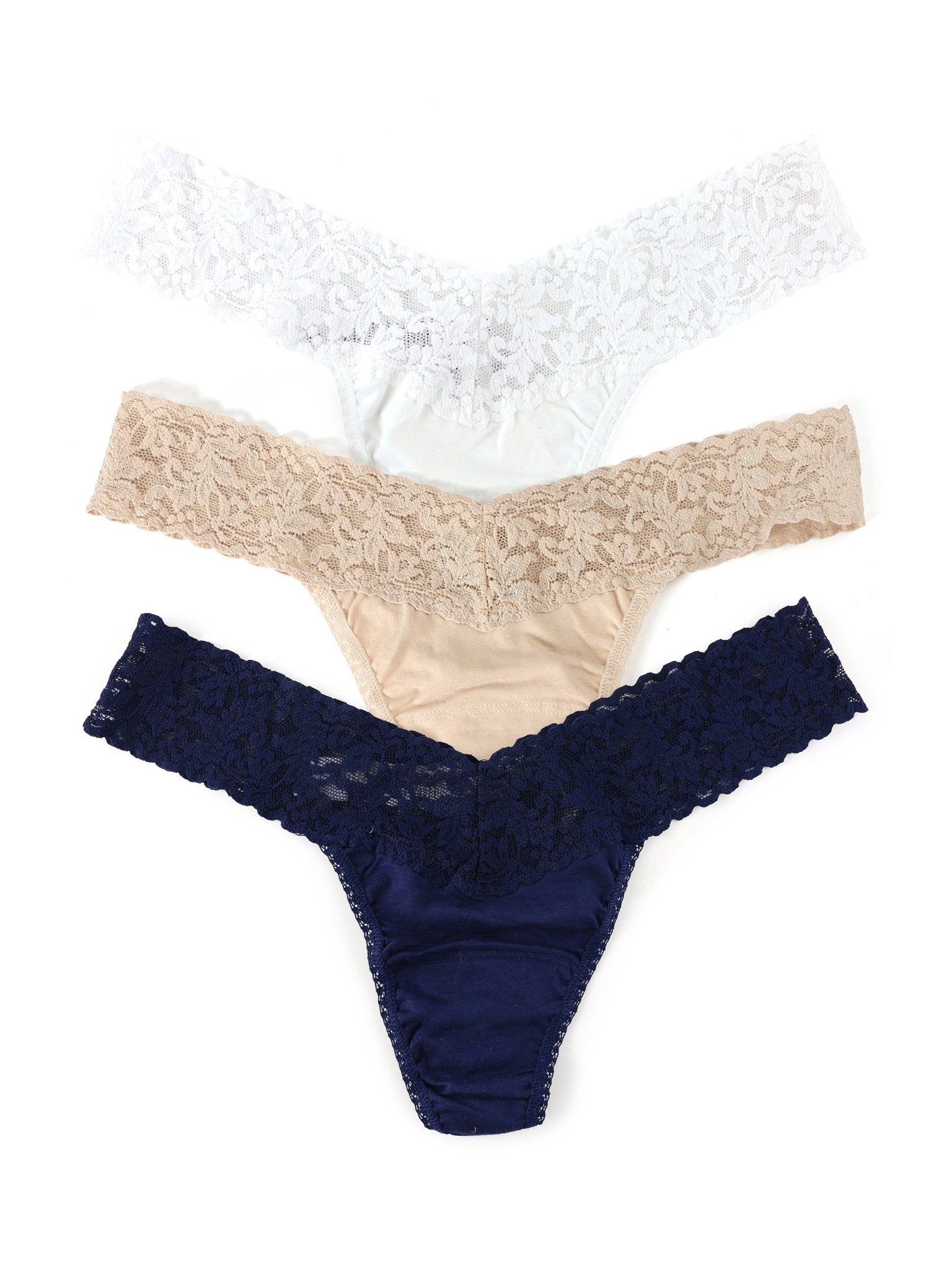 3 Pack Supima® Cotton Low Rise Thongs with Lace Trim - Soft Breathable Underwear for Women, Perfect for Daily Wear, Yoga & Lounge