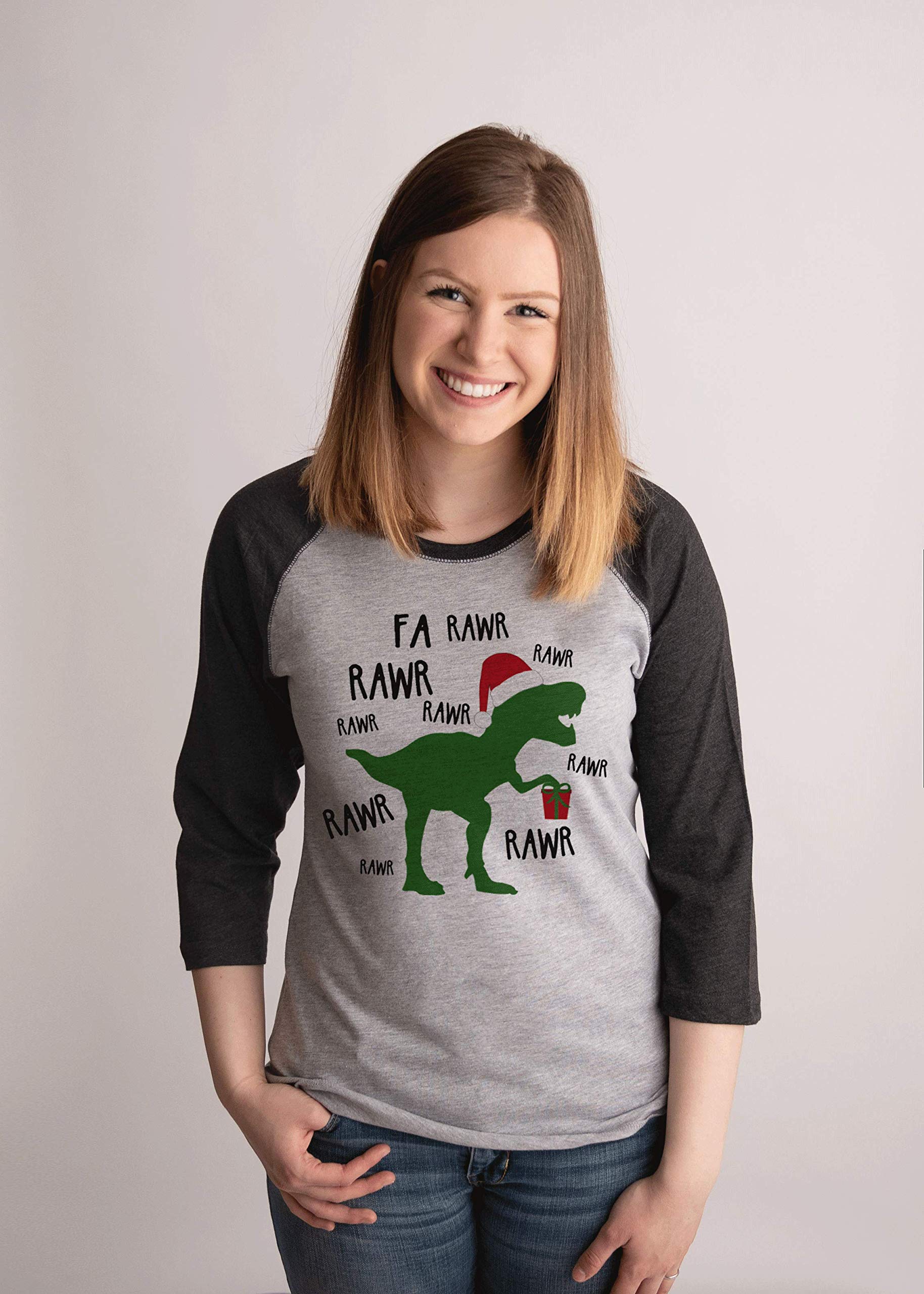 7 ate 9 Apparel Women's Dinosaur Print Christmas Long Sleeve Raglan T-Shirt - Festive Holiday Party Outfit & Casual Wear