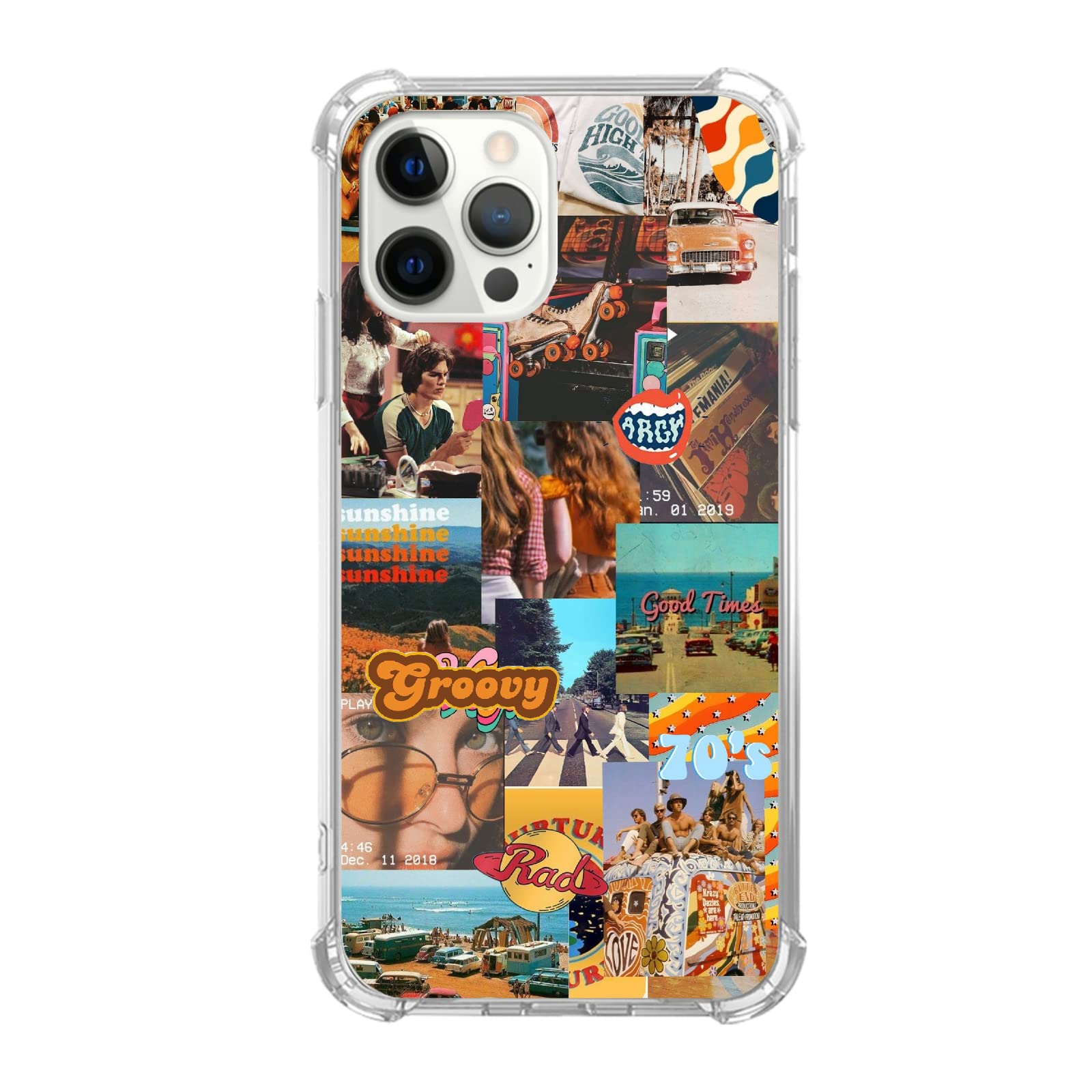 **Vintage 70s Retro Hippie Groovy Aesthetic Collage TPU Bumper Phone Case for iPhone 13 Pro Max - Compatible with Men, Women & Teens - Perfect for Music Festivals, Boho Style & Unique Fashion**