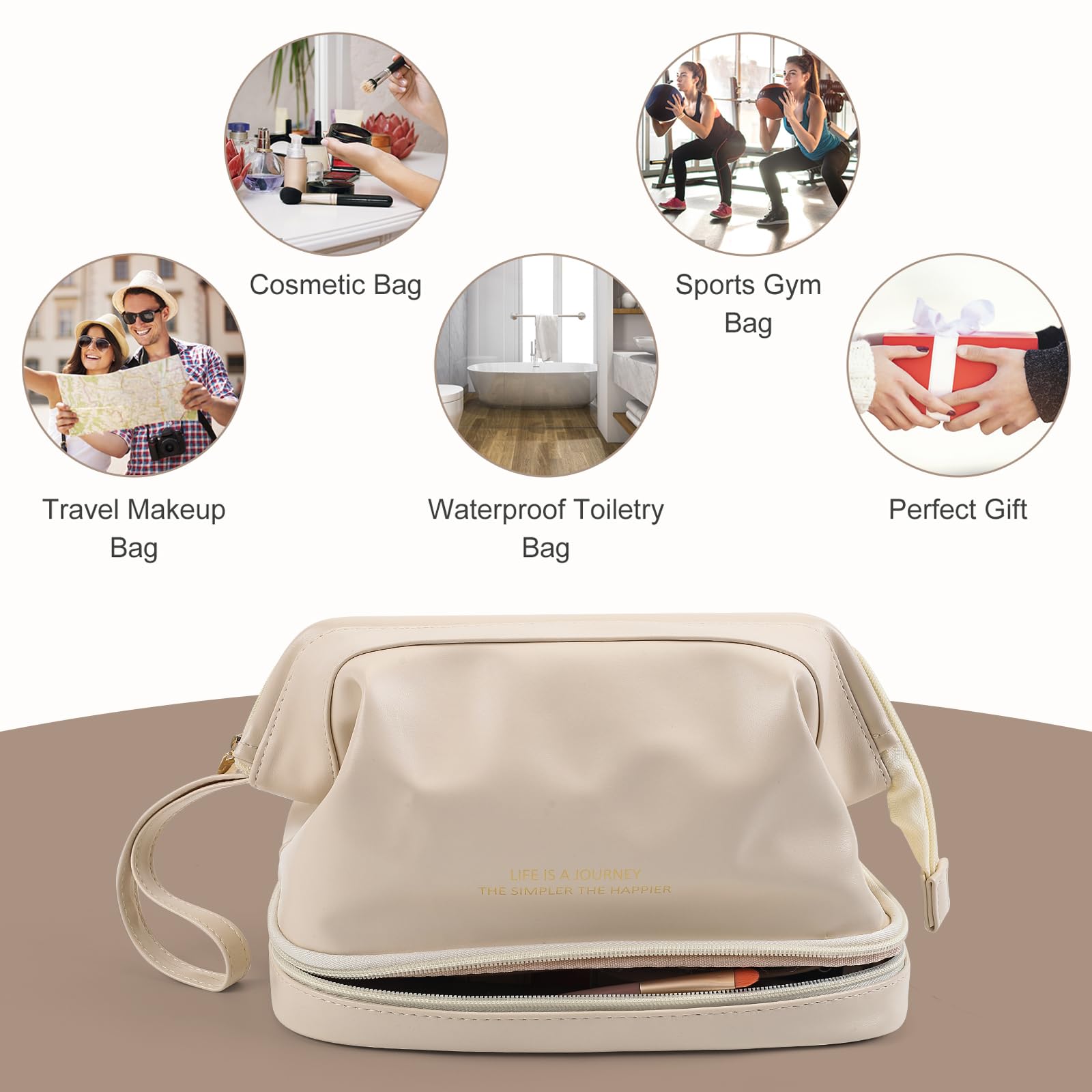 Premium Leather Cosmetic Travel Bag for Women - Double Layer Large Makeup Organizer with Waterproof Toiletry Pouch | Perfect for Vacation, Business Trips & Gym Essentials (White)