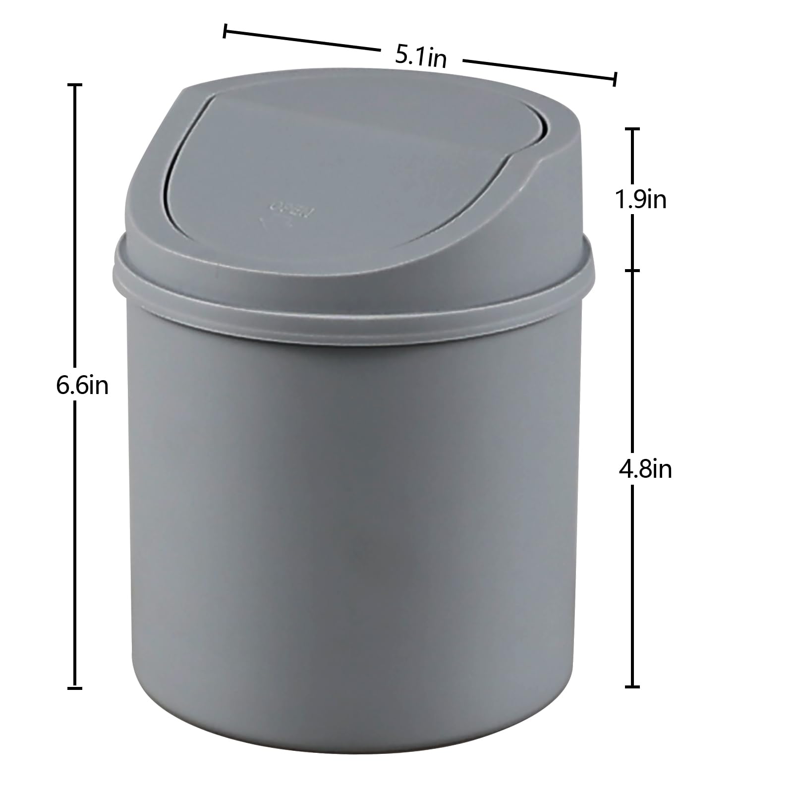 2L Plastic Mini Desktop Trash Can with Swing Lid - Small Waste Bin for Office, Bedroom, Bathroom | Compact Gray Garbage Can for Home, Desk, Car & Dorm Room Organization
