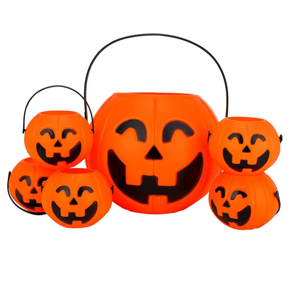 TOYANDONA Halloween Pumpkin Bucket Set - 6.3 Inch Large Plastic Trick or Treat Bucket with 5 Mini Pumpkin Buckets (2.75 Inch) for Kids Halloween Party Favors - Perfect for Trick-or-Treating, Halloween Decorations & Classroom Treats