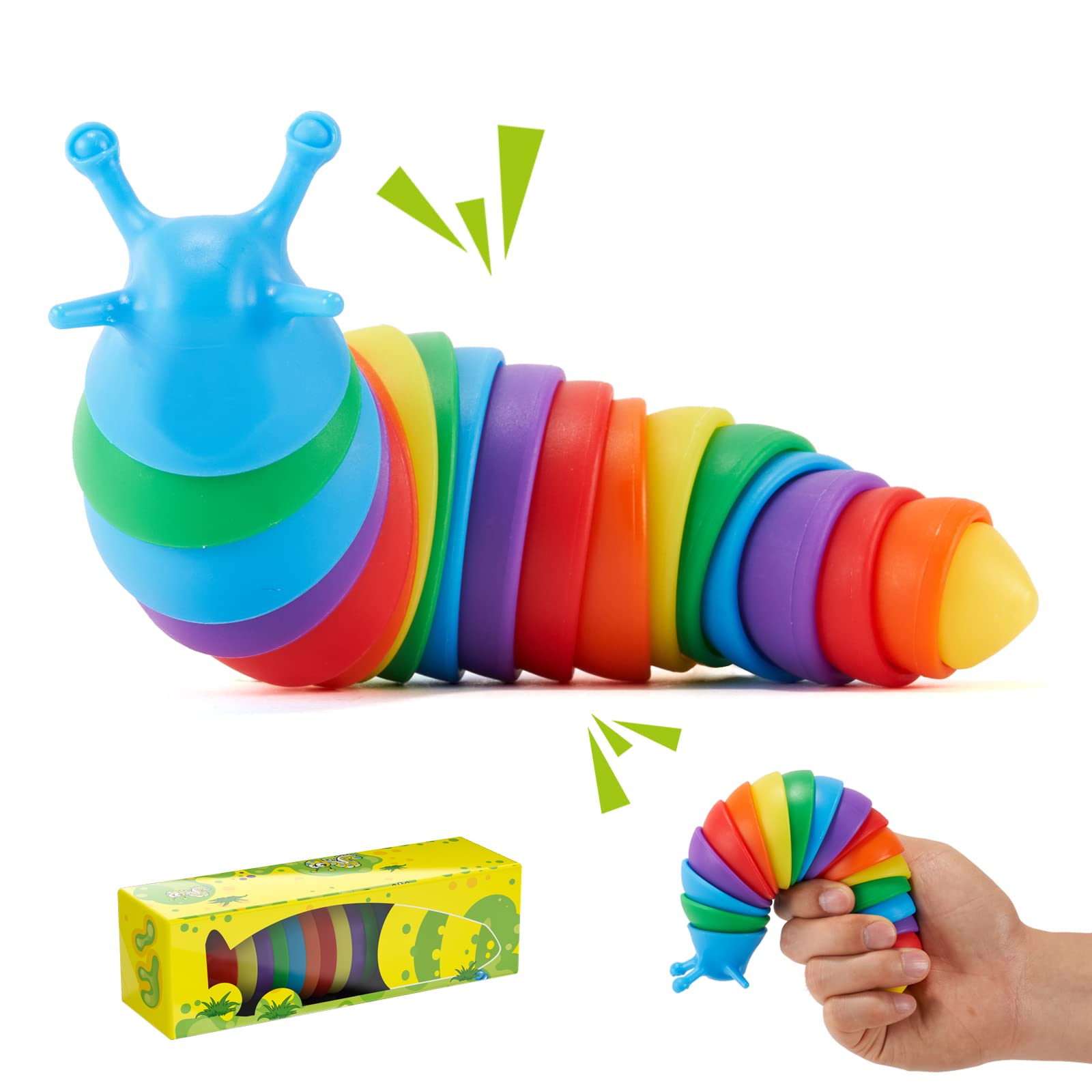 3D Articulated Fidget Slug Sensory Toy - Stress Relief & Anxiety Relief for Kids, Adults - Mini Rainbow Stim Toy for ADHD, Autism, Relaxation - Perfect Gift for Halloween, Christmas, Birthday Party (Blue Head-Rainbow) | Office, Classroom, Travel Stress Relief Tool
