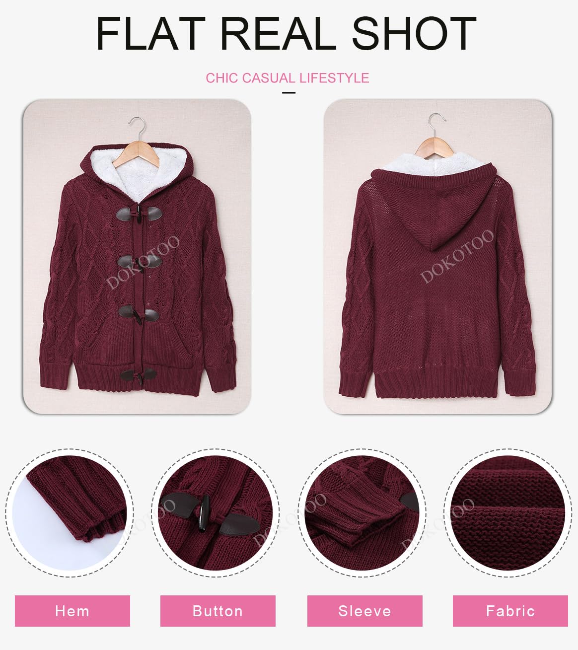 Dokotoo Women's Winter Hooded Cardigan Sweater - Button Up Cable Knit Coat Jacket with Pockets | Warm Outerwear for Casual Wear, Office & Holiday Outfits
