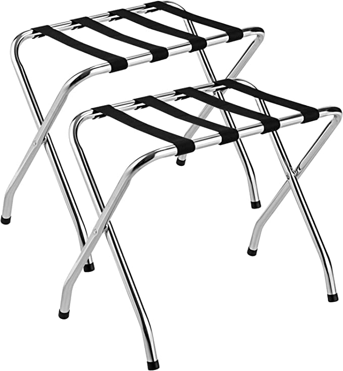 2-Pack Folding Chrome Stainless Steel Luggage Rack - Space Saving Storage Organizer for Suitcases, Bags & Travel Gear | Perfect for Bedrooms, Closets & Hotels
