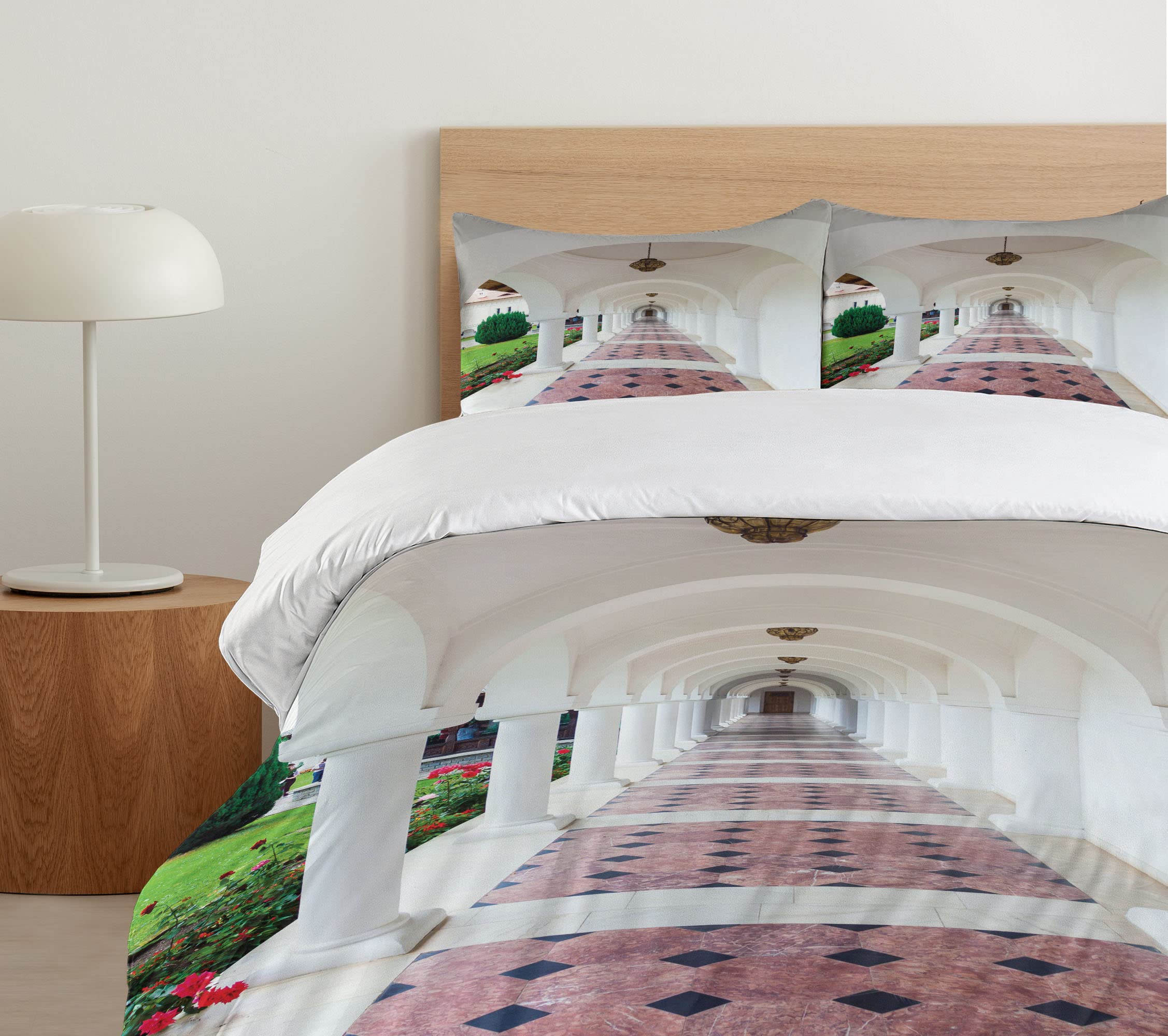 Ambesonne Travel Duvet Cover Set - 3 Piece Bedding with 2 Pillow Shams | California King Size | White & Green Romanesque Arch Design Inspired by Transylvania's Sambata de Sus Monastery | Perfect for Guest Rooms, Vacation Homes & Bohemian Bedroom Decor