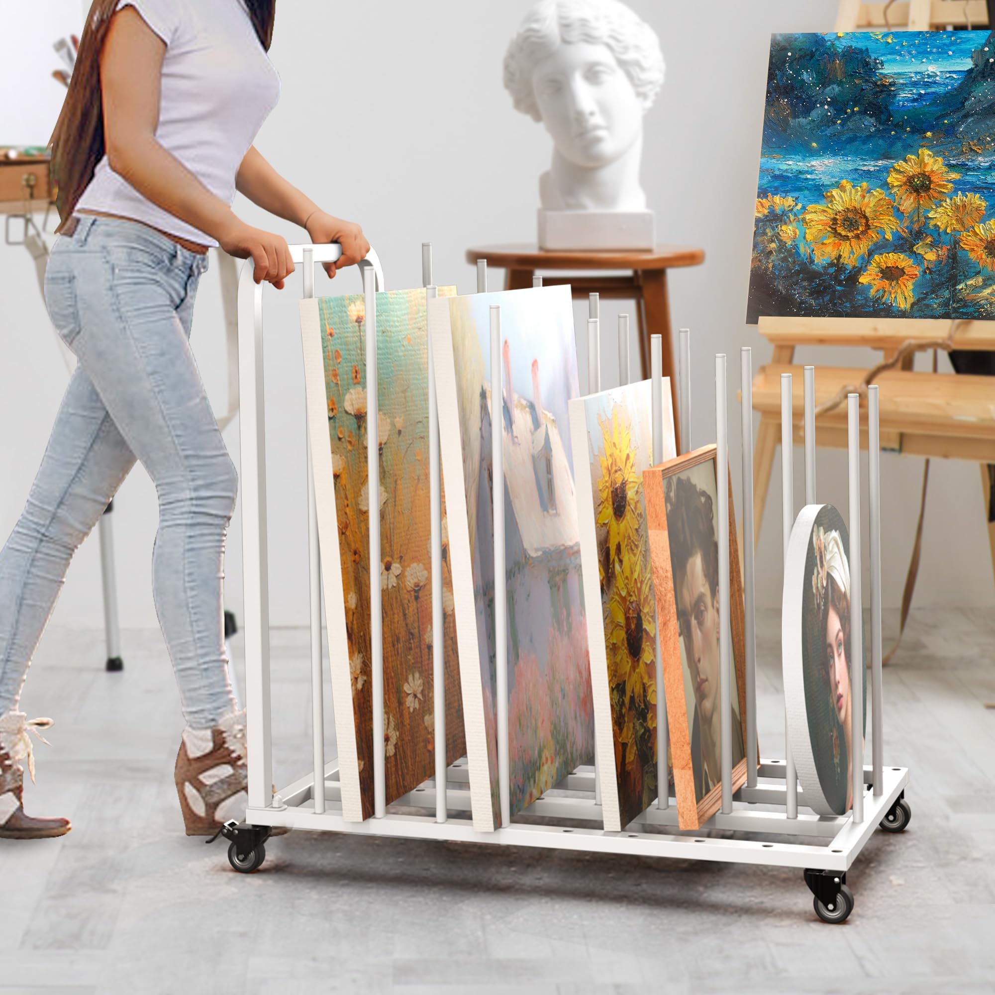 Adjustable Rolling Art Canvas Storage Rack with Wheels - Portable Painting Drying Rack & Display Stand for Drawing Boards, Panels, Paper Pads - Perfect for Art Studios, Galleries & Home Artwork Organization (White)