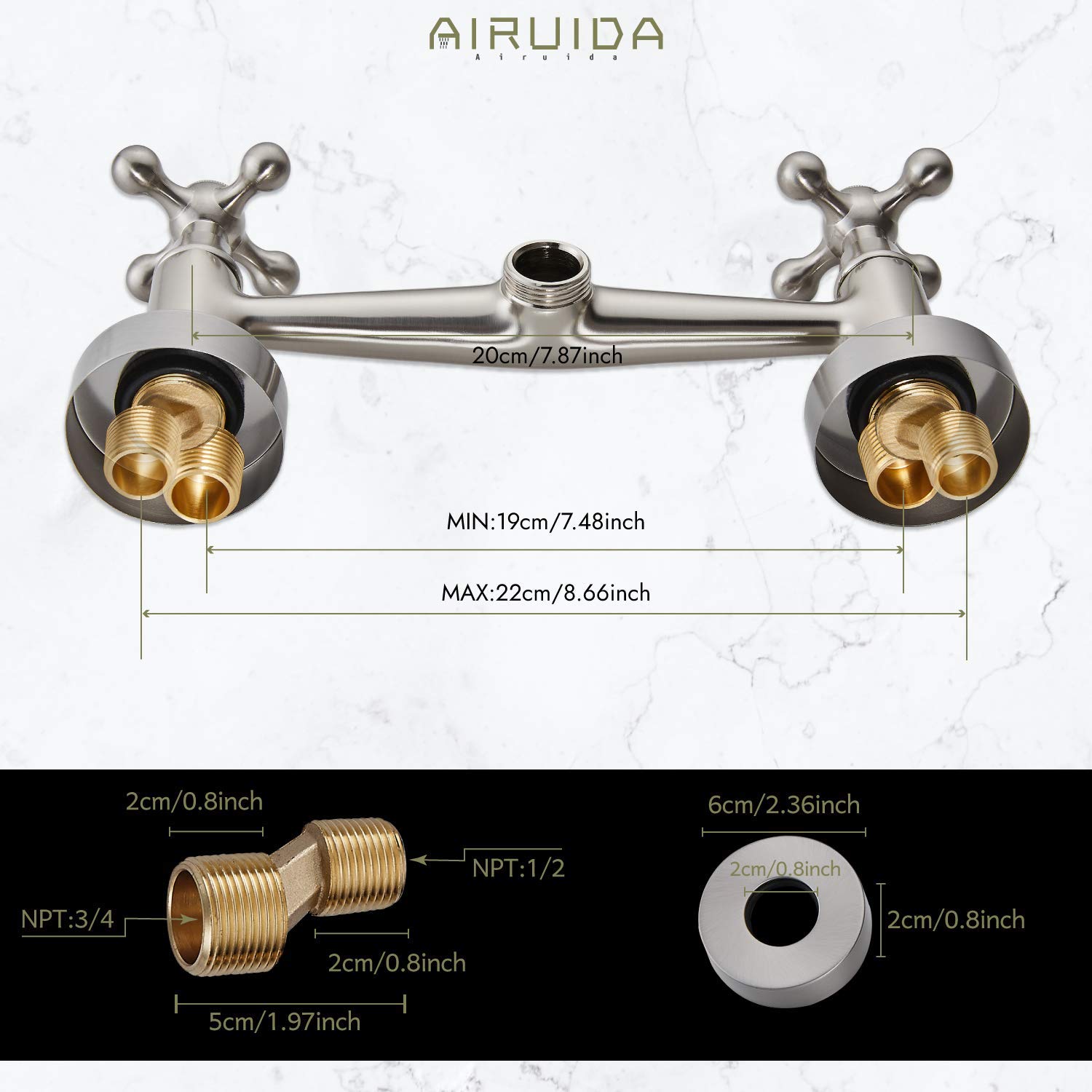 Airuida 8 Inch Brushed Nickel Wall Mounted Kitchen Sink Faucet - Durable & Stylish Tap for Modern Kitchens, Perfect for Compact Spaces and Sleek Design