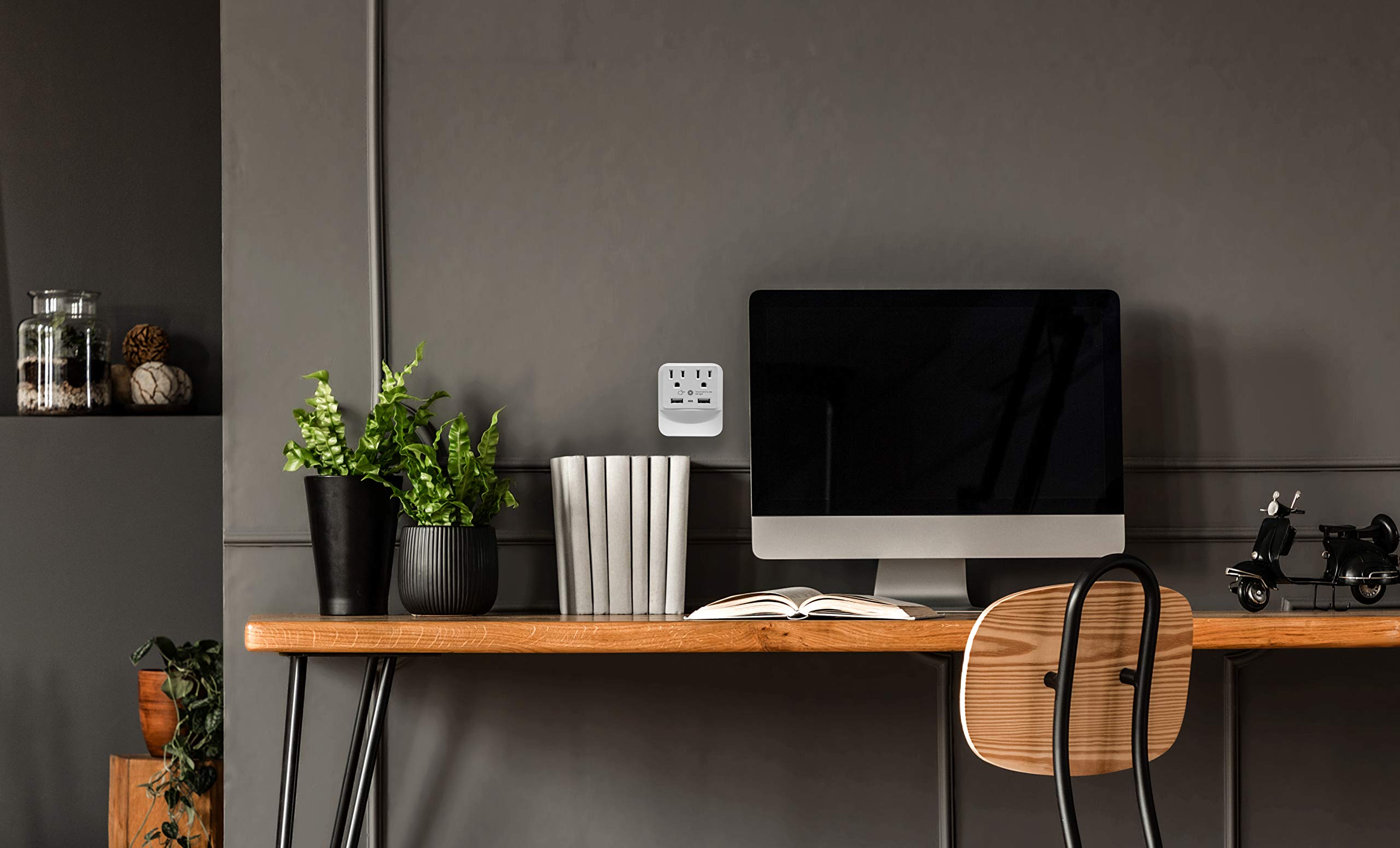 2-Outlet Power Adapter with Nightlight, 2 USB Ports (2.1A Total), Surge Protection & Dusk-to-Dawn Sensor - Multi Plug for Home, Office, School (White) - Perfect for Bedrooms, Dorms and Workspaces