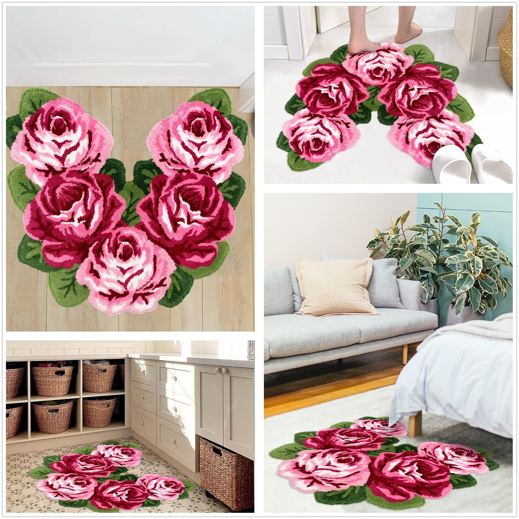 Premium Non-Slip Microfiber Bathroom Rug - Rose Shaped Shaggy Absorbent Shower Mat for Tub & Toilet, Machine Washable U-Shaped Bath Rug (31