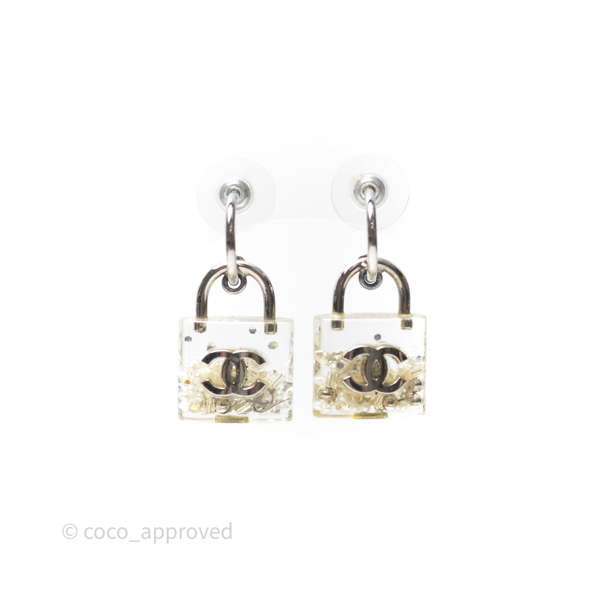 Chanel CC Logo Padlock Drop Earrings - 14K Gold Plated Resin Dangle Earrings for Women | Elegant Party & Evening Wear Jewelry