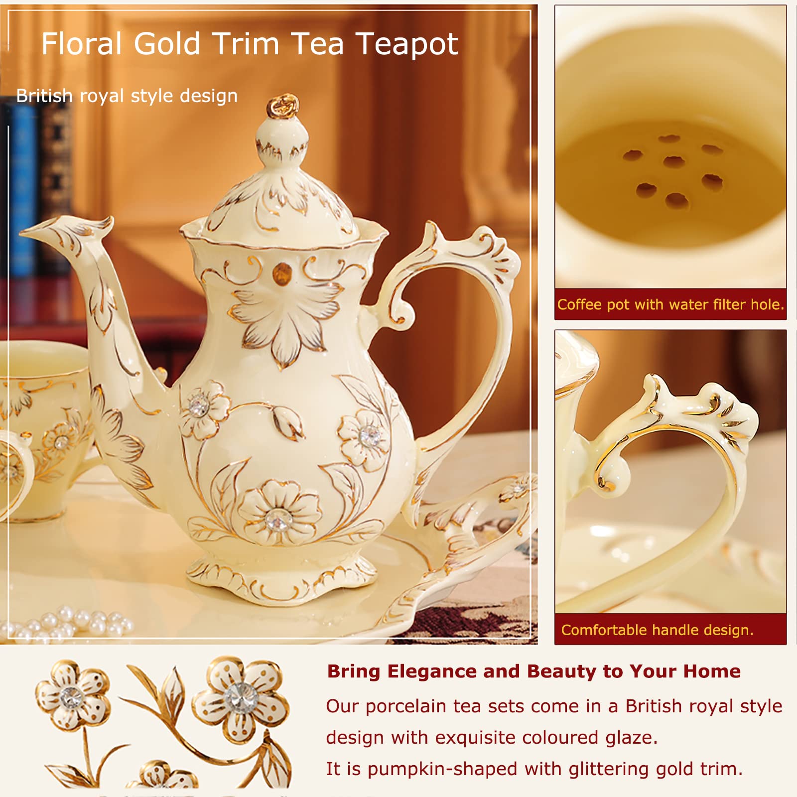 8-Piece Floral Porcelain Tea Set with Teapot, Cups, Saucers & Teaspoons - Gold Trim Hibiscus Design, Elegant China Ceramic for Afternoon Tea, Bridal Shower & Housewarming Gifts (Gift Box Included)